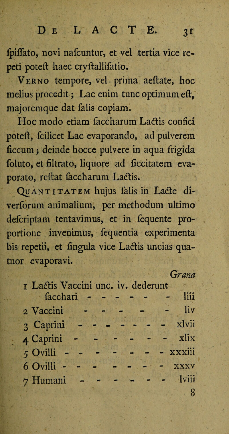 Ipiffato, novi nafcuntur, et vel tertia vice re- ' \ _ peti poteft haec cryftallifatio. Verno tempore, vel prima aeftate, hoc melius procedit; Lac enim tunc optimum eft, majoremque dat falis copiam. Hoc modo etiam faccharum Ladtis confici poteft, fcilicet Lac evaporando, ad pulverem ficcum; deinde hocce pulvere in aqua frigida foluto, et filtrato, liquore ad ficcitatem eva¬ porato, reftat faccharum Ladtis. Quantitatem hujus falis in La<5te di- verforum animalium, per methodum ultimo defcriptam tentavimus, et in fequente pro- , portione invenimus, fequentia experimenta bis repetii, et lingula vice Lactis uncias qua- tuor evaporavi. Grana i Ladtis Vaccini unc. iv. , dederunt facchari - - - - - - liii 2 Vaccini - liv . «i ’ 3 Caprini - - - - - - - xlvii - 4 Caprini - - xlix 5 Ovilli - - - - - - - xxxiii 6 Ovilli - - - - - - XXXV 7 Humani - - - - - Iviii 8