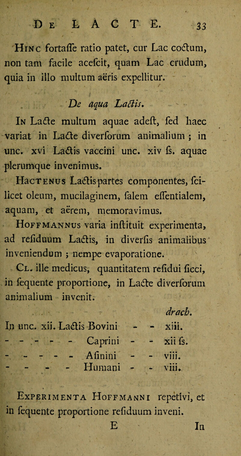 Hinc fortaffe ratio patet, cur Lac codum, non tam facile acefcit, quam Lac crudum, quia in illo multum aeris expellitur. De aqua Lattis. In Lade multum aquae adeft, fed haec variat in Lade diverforum animalium ; in une. xvi Ladis vaccini unc. xiv fs. aquae plerumque invenimus. HacTENus Ladispartes componentes, fci- licet oleum, mucilaginem, falem eflentialem, aquam, et aerem, memoravimus. Hoffmannus varia inftituit experimenta, ad refiduum Ladis, in diverfis animalibus inveniendum ; nempe evaporatione. Cl. ille medicus, quantitatem refidui fieci, in fequente proportione, in Lad:e diverforum animalium invenit. drach. In unc. xii. Ladis Bovini • i i - - - Caprini - xii fs. - - - - Afinini - Vili. Humani • • • - V111. Experimenta Hoffmanni repetivi, et in fequente proportione refiduum inveni. Jli E In