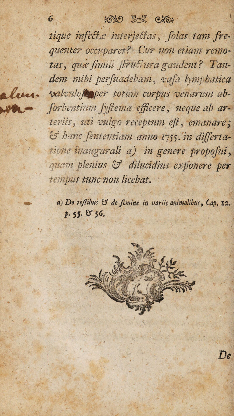 tique infeBte ini er] e B as y jolas tam fre¬ quenter occuparet? Cur non etiam remo¬ tas y qucefiniiii jiruBura gaudent ? Tan¬ dem mihi perfundebam y vafa lymphatica wlwdqfapcr totum corpus venarum ab- forbentium fyfiema efficere 5 neque ab ar¬ teriis , Mi receptum efty emanare; hanc fententiam anno rpyybin diffierta- tmne tnaugurali a) in genere propofuiy quam plenius itf dilucidius exponere per tempus tunc non licebat. ■,r. d} De teflibns & de femine in variis animalibus, tap, 12. f. 5J. &T 5«. '' V- De