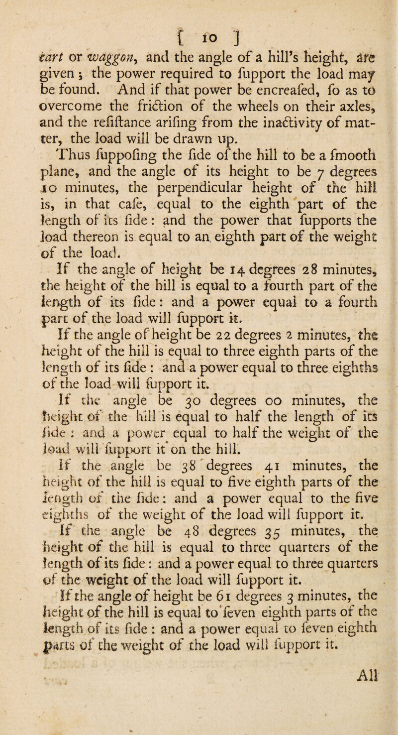 tart or waggon, and the angle of a hill’s height, are given ; the power required to fupport the load may be found. And if that power be encreafed, fo as to overcome the friction of the wheels on their axles, and the refiftance arifing from the inactivity of mat¬ ter, the load will be drawn up. Thus fuppofmg the fide of the hill to be a fmooth plane, and the angle of its height to be 7 degrees 10 minutes, the perpendicular height of the hill is, in that cafe, equal to the eighth part of the length of its fide: and the power that fupports the load thereon is equal to an, eighth part of the weight of the load. If the angle of height be 14 degrees 28 minutes, the height of the hill is equal to a fourth part of the length of its fide: and a power equal to a fourth part of the load will fupport it. If the angle of height be 22 degrees 2 minutes, the height of the hill is equal to three eighth parts of the length of its fide : and a power equal to three eighths of the load will fupport it. If the angle be 30 degrees 00 minutes, the height of the hill is equal to half the length of its fide : and a power equal to half the weight of the load will fupport it on the hill. If the angle be 38 degrees 41 minutes, the height of the hill is equal to live eighth parts of the length of the fide: and a power equal to the five eighths of the weight of the load will fupport it. If the angle be 48 degrees 35 minutes, the height of the hill is equal to three quarters of the length of its fide: and a power equal to three quarters of the weight of the load will fupport it. If the angle of height be 61 degrees 3 minutes, the height of the hill is equal taTeven eighth parts of the length of its fide : and a power equal to feven eighth parts of the weight of the load will fupport it. All