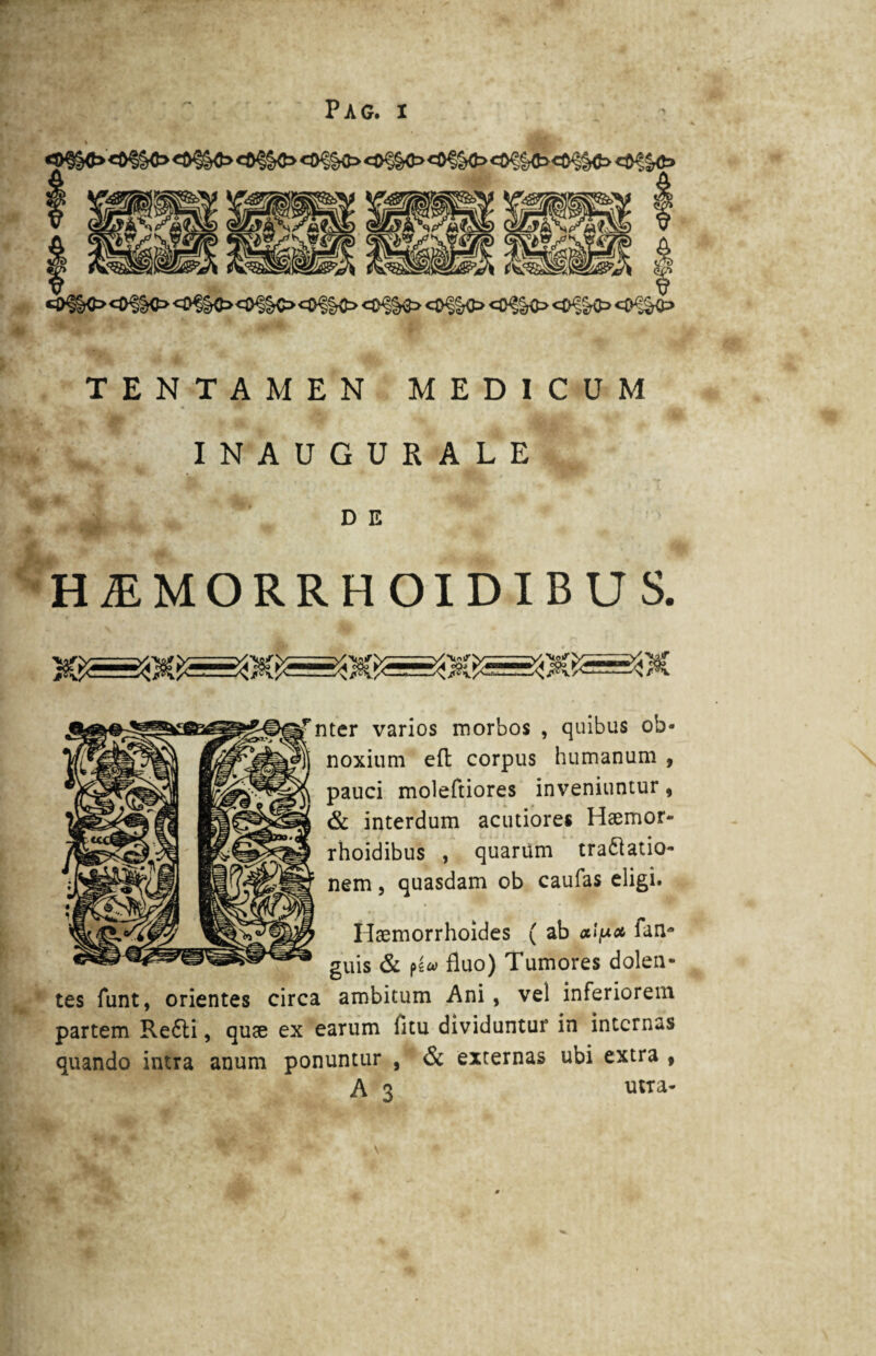 «9§o'«a§§o» <anc» «ef&o<of&o<i>?6ft><®^c» <©?&o» 1 •r fT> H w rr+ »w rws. VJ— k 0§§0 <=0%O <©?§C» 0%0 0%0 <0%Q> <$%0 TENTAMEN MEDICUM INAUGURALE D E H^MORRHOIDIBUS. (Mxmmnexsx nter varios morbos , quibus ob¬ noxium eft corpus humanum , pauci moleftiores inveniuntur, & interdum acutiores Hsemor- rhoidibus , quarum tra&atio- nem, quasdam ob caufas eligi. Haemorrhoides ( ab al-p* fan- guis & pso» fluo) Tumores dolen¬ tes funt, orientes circa ambitum Ani, vel inferiorem partem Re£ti, quae ex earum fitu dividuntur in internas quando intra anum ponuntur , & externas ubi extra , A 3 utra-