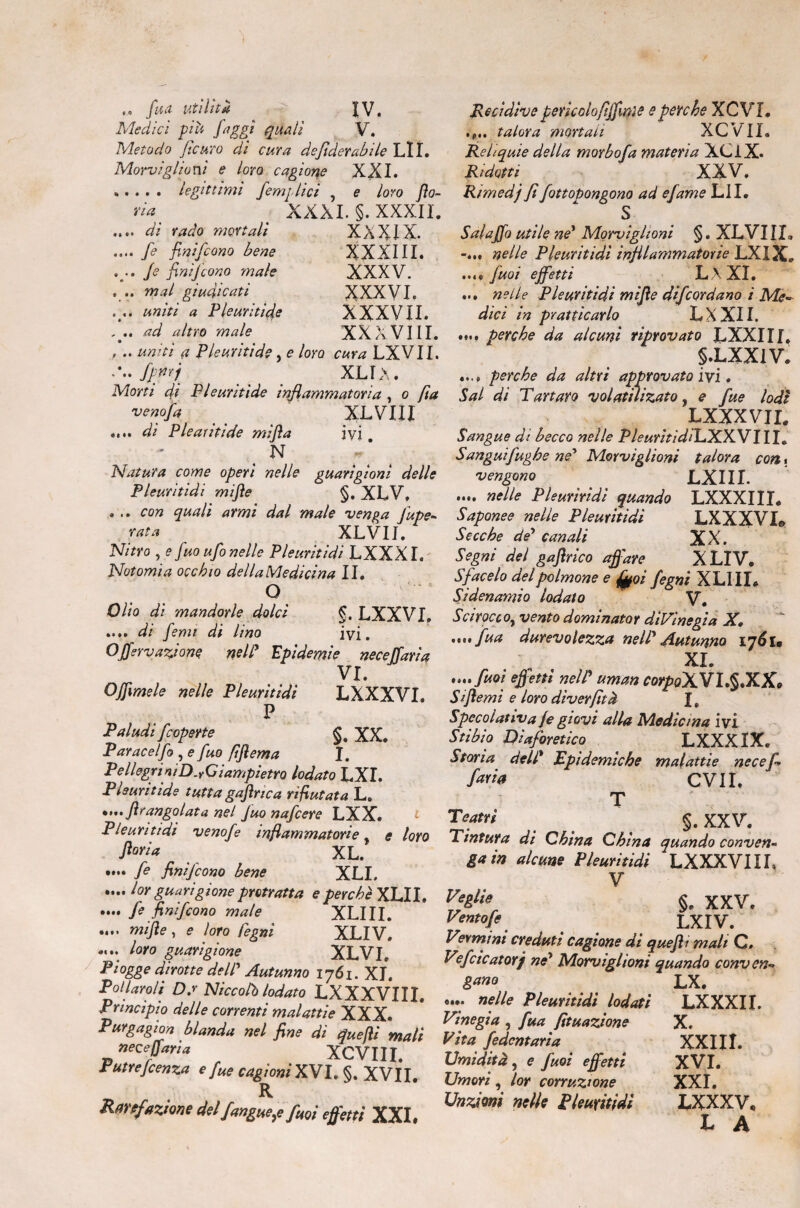 ,, fua utilità -r IV, Medici pid figgi quali V. Metodo ficaro di cara defiderabile LlL Morviglioni e loro cagione XXI. . legittimi /empiici , e loro fio¬ ri* > XXXI. §. XXXII. .... di rado mortali XXXIX- .... fe finifcono bene XXXIII. . .. Je fini]cono male XXXV. . .. mal giudicati XXXVI. . .. uniti a Pleuritiche XXXVII. , .. ad altro male XXXVIII. , .. uniti a Pie uriti de, e loro cura LXVII. *.* fpffi XLIX. Morti di Pleuriti de infiammatoria , o fta venofa XLVIII .... di Pleautide mifia ivi N Natura come operi nelle guarigioni delle Pleurìtidi mifie §, XLV, . .. con quali armi dal male venga Jape- rata XLVII. Nitro , ? fuo ufo nelle Pleurìtidi LXXXI. Notomi a occhio dellaMedicina II. O Olio di mandorle dolci g. LXXVI» .... di femi di lino ivi. Offervazione nell’ Epidemie neceffarìa VI. Offimele nelle Pleurìtidi LXXXVI P Paludi [coperte XX. Paracelfo , e fuo fifiema I. P'eliegriniD^Giampietro lodato LXI. Pieuritìde tutta gufine a rifiutata L. «... flrangolata nel Juo nafcere LXX. Pleurìtidi venofe infiammatorie r e loro fioria XL. .... fe finifcono bene XLI, .... lor guarigione protratta e perchè XLII. .... fe finifcono male XLIII. .... mifie, <? loro Pegni XLIV. .... loro guarigione XLVI, Piogge dirotte dell’ Autunno 1761. XI. Pollargli Dj Niccoli lodato LXXXVIII. Princìpio delle correnti malattie XXX. Purgagion blanda nel fine di quefiì mali neceffarìa XCVIII Puttefcenza effe cagioniXVI. §. XVII. R Rarefazione del/angue,* fHOì effetti XXI. Pecidive pericoloftffinìe e perche XCVI. .talora mortali XCVII. Reliquie della morbofa materia XOX. Ridotti XXV, Rìmedj fi fottopongono ad e fame LII. S Salaffo utile né* Morviglioni §. XLVI II, nelle Pleurìtidi infilammatorìe LXIX» .... fuoi effetti L>. XI. ... nelle Pleurìtidi mifie dijcordano i Me¬ dici in pratticarlo LXXII. .... perche da alcuni riprovato LXXIII. §.LXXIV, ...» perche da altri approvato ivi. Sai di Tartaro voi utilizato, e fue lodi LXXXVIL Sangue di becco nelle PleuritidiTX.XN11L Sangui fughe ne'* Morviglioni talora corti vengono . _ LXI II. .... nelle Pleurìtidi quando LXXXIII. Saponee nelle Pleurìtidi LXXXVI© Secche de* canali XX. Segni del gafirlco affare XLIV. Sfacelo del polmone e froifegm XLI IL Sìdenamio lodato V. Scirocco, vento domìnator dìVìnegìa X, „ififua durevolezza nell* Autunno 1761» XX. .y.fuoi effetti nell* uman corpoXVI.§.XX* Sifiemì e loro dìverfità J, Specolativa Je giovi alla Medicina ivi Stibìo Diaforetico LXXXIX. Storia dell Epidemiche malattie necefi f^ia CVII, T Teatri §. XXV. Tintura di China China quando conven¬ ga in alcune Pleurìtidi LXXXVI IL V Veèli* §. xxv. Vento fe LXIV. Vermini creduti cagione di quefiì mah C» Vefcicatorj né* Morviglioni quando conven¬ gano LX. •••; nefie Pleurìtidi lodati LXXXII. Vinegia , fua fìtuazione X. Vita fidentaria XXIII. Umidità, e fuoi effetti XVI. Umori , lor corruzione XXI. Unzioni nelle Pleurìtidi LXXXV, L A