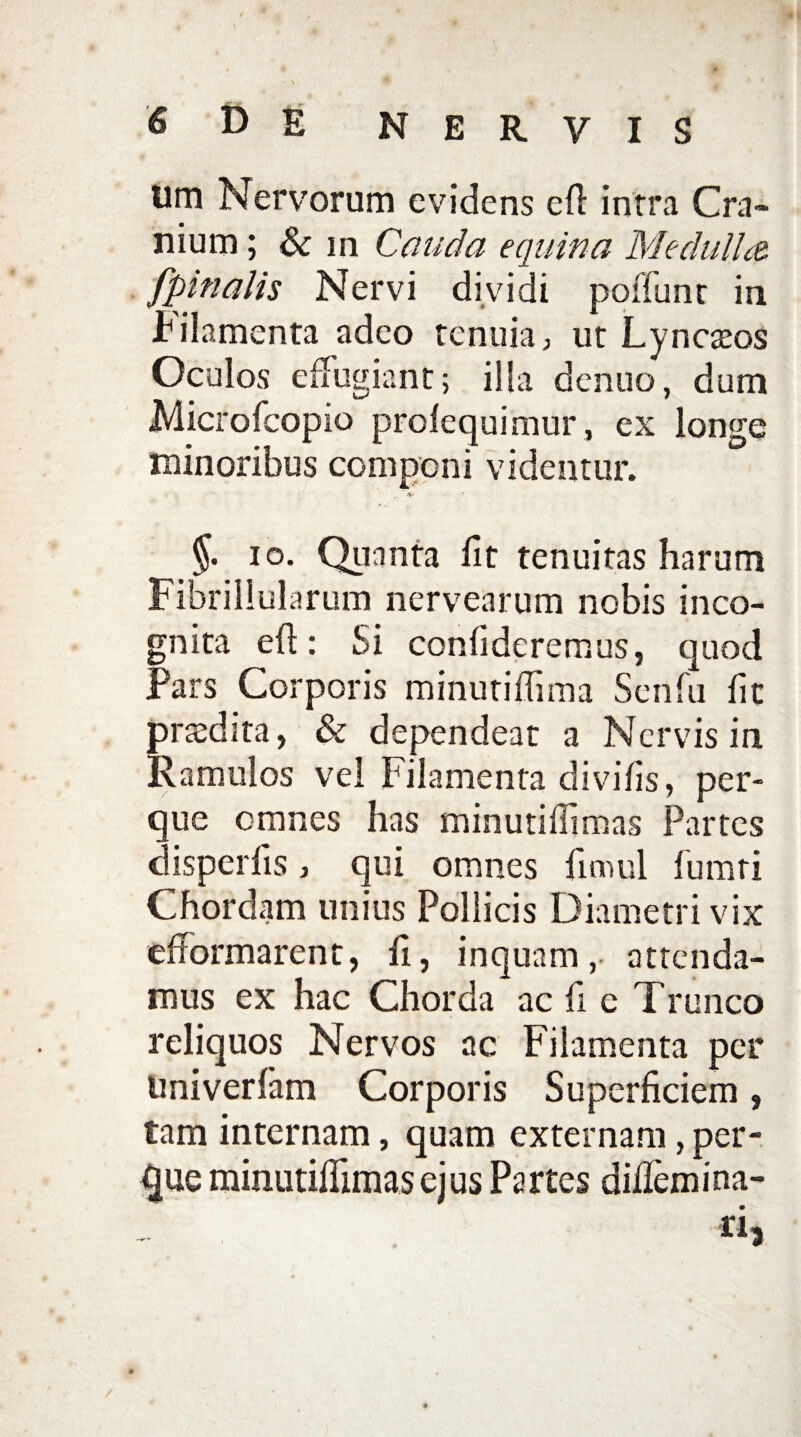 um Nervorum evidens e (I intra Cra¬ nium ; & in Cauda equina Medulla [pinalis Nervi dividi poffunt in filamenta adeo tenuia, ut Lyncteos Oculos effugiant; illa denuo, dum Microfcopio profequimur, ex longe minoribus componi videntur. §. io. Quanta fit tenuitas harum Fibrillularum nervearum nobis inco¬ gnita efl: Si confideremus, quod Pars Corporis minutiflima Senfu fit prtedita, & dependeat a Nervis in Ramulos vel Filamenta divifis, per- que omnes has minutiffimas Partes disperfis, qui omnes fimul lumti Chordam unius Pollicis Diametri vix efformarent, fi, inquam, attenda¬ mus ex hac Chorda ac fi e Trunco reliquos Nervos ac Filamenta per tmiverfam Corporis Superficiem, tam internam, quam externam, per¬ lue minutiflimasejus Partes diflemina- ri3 /