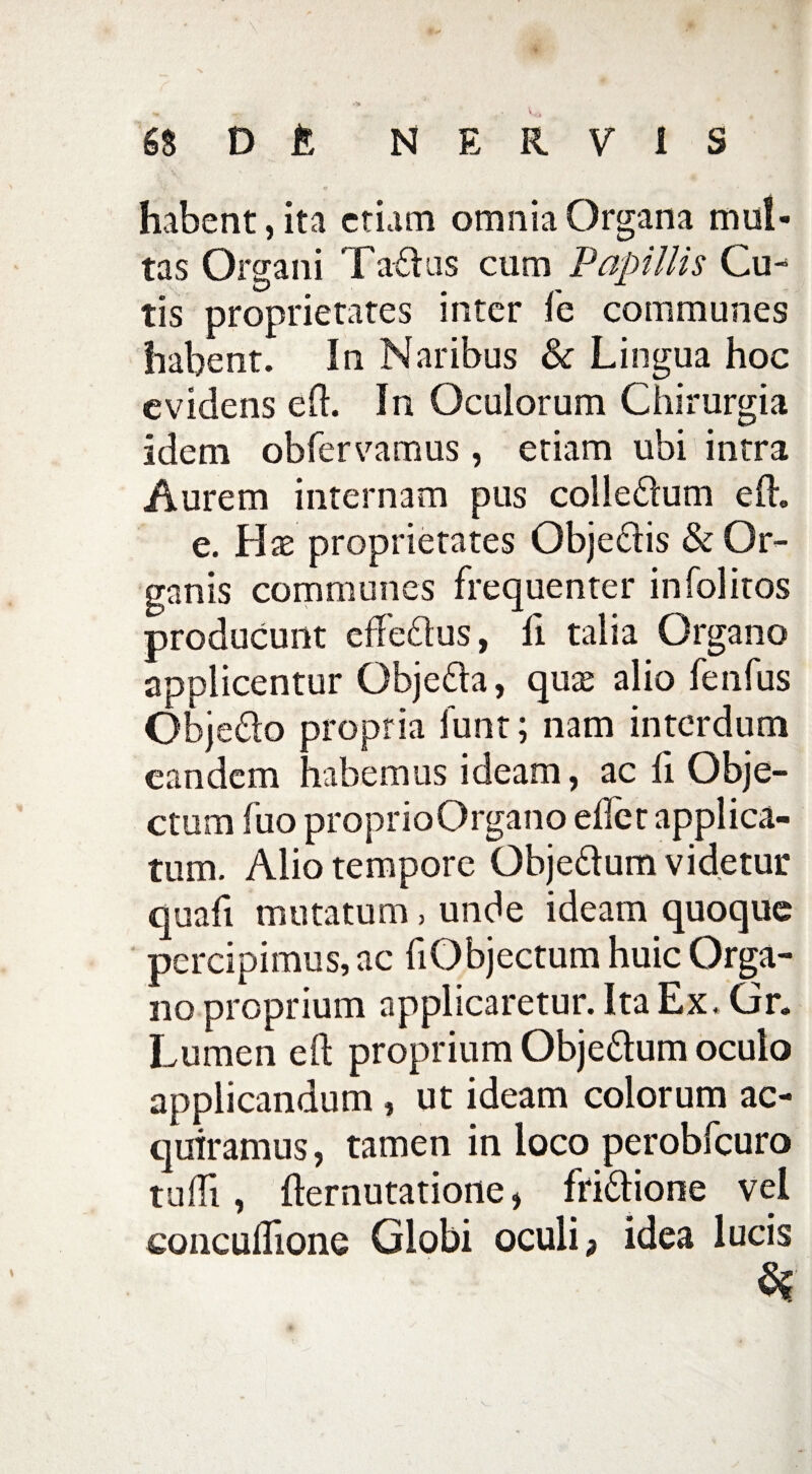 habent, ita etiam omnia Organa mul¬ tas Organi Ta-ftus cum Papillis Cu- tis proprietates inter fe communes habent. In Naribus & Lingua hoc evidens eff In Oculorum Chirurgia idem obfervamus , etiam ubi intra Aurem internam pus colledum eft. e. Has proprietates Obje&is & Or¬ ganis communes frequenter infolitos producunt effe&us, fi talia Organo applicentur Objetta, quas alio fenfus Obje&o propria funt; nam interdum eandem habemus ideam, ac fi Obje¬ ctum fuo proprioOrgano effer applica¬ tum. Alio tempore Obje&um videtur quafi mutatum, unde ideam quoque percipimus, ac fiObjectum huic Orga¬ no proprium applicaretur. Ita Ex. Gr. Lumen eft proprium Objeftum oculo applicandum , ut ideam colorum ac¬ quiramus , tamen in loco perobfcuro tuffi, fternutatione* fridlione vel concuffione Globi oculi > idea lucis