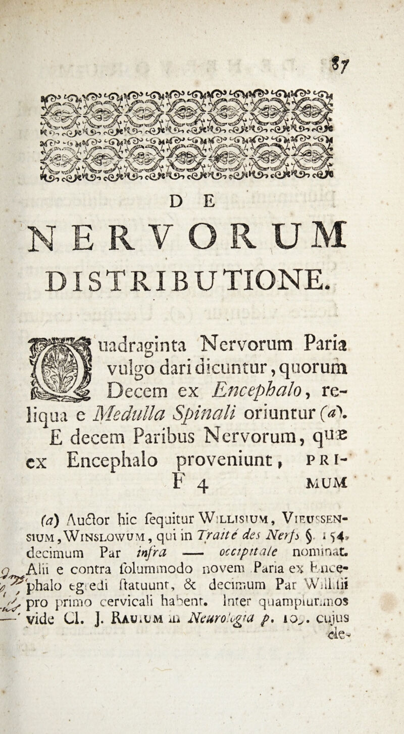 £%5%S& ^i3«5c J^3gS£ ^*C2SE ^SsgSi. aSS^?-^3!^ <$g&€r mt? %^a%r 3£&&g: 3^«^, Sc9 *n£ 4k?»®5 D E M DISTRIBUTIONE. uadraginta, Nervorum Paria lJ vulgo dari dicuntur, quorum Decem ex Encephalo, re¬ liqua e Medulla Spinali oriuntur (*\ £ decem Paribus Nervorum, qu® ex Encephalo proveniunt, pri- - F 4 MUM ' (a) Auflor hic fequitur Willisium, Vieit^sen- sium , Winslowum , qui in Traite des Nerjs § 1<j4„ decimum Par infra — occipitale nominat. y Alii e contra folummodo novem Paria ex hnce* >^fphalo fcg eii ftatuunr, & decimum Par WnLlii fS pro primo cervicali habent. Inter quampiurunos
