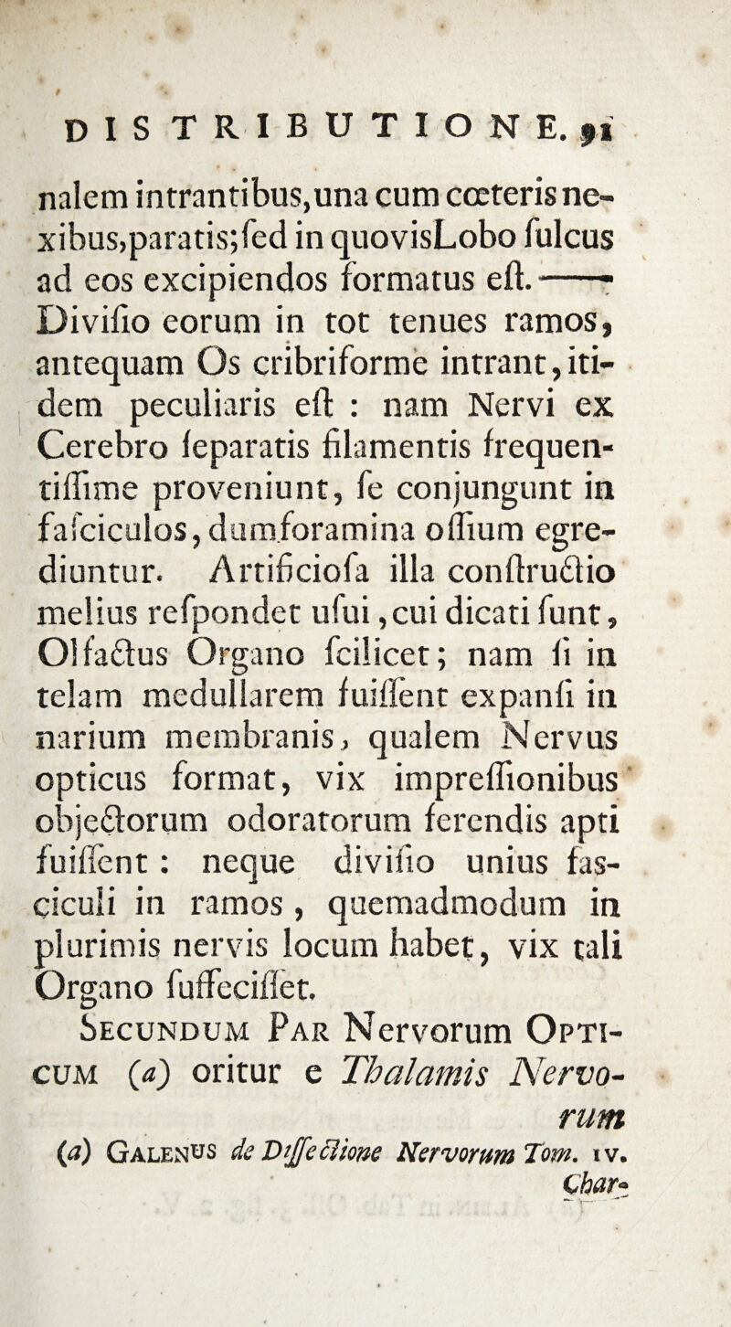 DIS TRIBUTIONE, fi nalem intrantibus,una cum cceteris ne¬ xibus,paratis;fed in quovisLobo fulcus ad eos excipiendos formatus eft.-- Divifio eorum in tot tenues ramos, antequam Os cribriforme intrant, iti¬ dem peculiaris eft : nam Nervi ex Cerebro feparatis filamentis frequen¬ ti fiim e proveniunt, fe conjungunt in fafciculos, dum.foramina oflium egre¬ diuntur. Artificiofa illa conftruftio melius refpondet ufui, cui dicati funt, Olfa&us Organo fcilicet; nam fi in telam medullarem fuififent expanfi in narium membranis, qualem Nervus opticus format, vix impreflionibus obje£torum odoratorum ferendis apti findent: neque divifio unius fas¬ ciculi in ramos, quemadmodum in plurimis nervis locum habet, vix tali Organo fuffeciffet. Secundum Par Nervorum Opti¬ cum (a) oritur e Thalamis Nervo¬ rum (a) Galenus de Dtjfe Eliam Nervorum Tom. iv. C 'har-