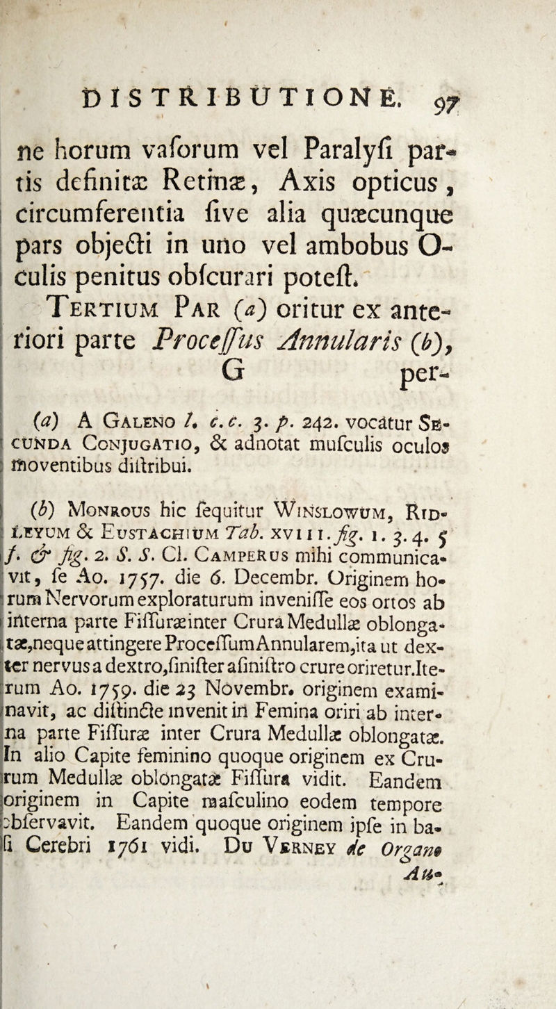 ne horum vaforum vel Paralyfi par¬ tis definitae Retinas, Axis opticus, circumferentia live alia quascunque pars objedi in uno vel ambobus O- culis penitus obfcurari potelh Tertium Par (a) oritur ex ante¬ riori parte Procetfus Annularis (b)> G per- (a) A Galeno /. c.c. 3. p. 242. vocatur Se¬ cunda Conjugatio, & adnotat mufculis oculos moventibus didribui. (3) Monrous hic fequitur Winslowum, Rid- LEYUM & EuSTACHIUM Tdb. XVIII. fig. i. 3. 4. £ /. & fig• 2. S. S. Cl. CampeRus mihi communica¬ vit, fe Ao. 1757. die 6- Decembr. Originem ho¬ rum Nervorum exploraturum invenifle eos ortos ab irtterna parte Fiflurae inter Crura Medullae oblonga¬ tae,neque attingere ProceiTum Annularem,ita ut dex¬ ter nervus a dextro,finifter afinidro crure oriretur.Ite- rum Ao. 1759. die 23 Novembr. originem exami¬ navit, ac didindle invenit in Femina oriri ab inter¬ na parte FilTura: inter Crura Medulla: oblongata:. In alio Capite feminino quoque originem ex Cru¬ rum Medullae oblongata: Fidura vidit. Eandem originem in Capite mafculino eodem tempore bbfervavit. Eandem quoque originem ipfe in ba- fi Cerebri 1761 vidi. Du Verney de Or^am An»