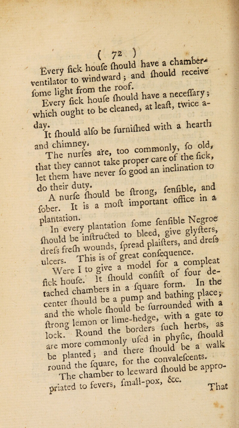 r 1, Vinnfe fhould have a chamber- Every fick h°^1 , /bouid receive ,entilator to windward } and mom r®C fickToife foul'd have a neceffary; be cleaned, at krf, twice a- ^ It {hould alfo be furnimed with a hearth and chimney. commonly, fo <*J, The “'fcs “e'li'°0C'r “ r ere of .he lick, £‘.hem have neve'r fo good an inclination K> do their duty. fenfible, and f°a moll £°A* <** in a mould be lnftru e plaifters, and drefs drefs frem wounds, ipread Pla“- > ulcers. This is of ^odel^or a compleat Were 1 “of foot de- fickhoufe. /- . fonare form. In the tached cham ers in and bathing place; CeTl whole mould be furrounded with a and the wholef, hedge, with a gate to ftrong borde?3 fuch herbs, as lock. Round the bo.a {hould are more c<.mm«l »; dftoPdybc ^ ^ be planted ; and t convakfcentS. IO The chamber’.o leeward (hould be appro- Oriated to fevers, fmall-pox, &.c. ^