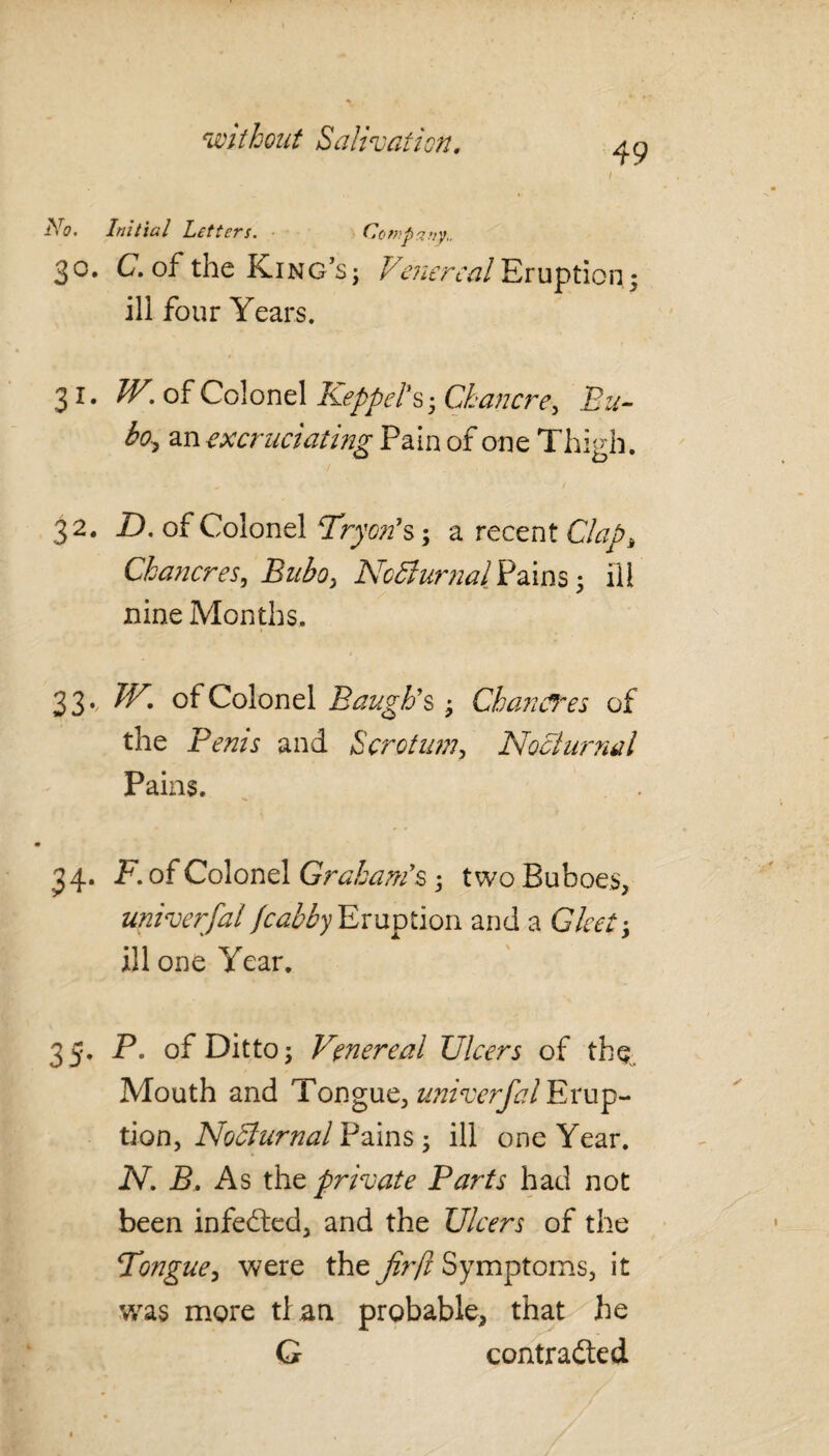 49 No. Initial Letters. ■ Company.. 30. C. of the King’s ; Venereal Eruption.; ill four Years. 31. W. of Colonel Keppel’s-, Chancre, Bu¬ bo, an excruciating Pain of one Thigh. 32. D. of Colonel Try on’s; a recent Clap% Chancres, Bubo, Ncdlurnal Pains 5 ill nine Months. 33., TV, of Colonel Baugtis ; Chancres of the Penis and Scrotum, Nocturnal Pains. 34. F. of Colonel Graham's; two Buboes, universal fcabby Eruption and a Gleet y ill one Year. 35, P. of Ditto; Venereal Ulcers of the Mouth and Tongue, univcrfal Erup¬ tion, Nocturnal Pains; ill one Year. iV. B. As thc private Parts had not been infeCted, and the Ulcers of the Tongue, were the firft Symptoms, it was more than probable, that he G contracted