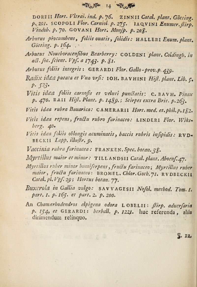 DORFl! Hort. VltraL ind, p, *]6^ ZINNII Catah piam. Gottlng. p.^lOU SCOPOLI Flor. CaniioL p. zfj. IAQ.VINI Enumer.Jiirp. Vindob. p»yo. GOVANI Horti Monfp, p.20S» Arbutus procimjhensy foliis ouatisy folidis: UALh^Vil Enuin,piant. Gbtting. p» 16^^!.» . “ Arbutus Noueboracenjibus Bearberry: COLDENI piant. Coldinoh, in ail,foc.fcient. Vpf a /74J. p, Sl* ^ Arbutus foliis integris ; GERARDI Flor. Gallo-prov.p. Radix id£a putata et Vua vrft: iOH. bavhini Hiji, piant. Lib. f, P- Vitis id£a foliis carnofs et veluti pun&atis: c. BAVH. Pinax p. ^yo» RAii Hi/l, Piant, p. ; Stirpes extra Erit, p.lpj. Vitis idaa rubra Bauarica: CAMERARII Hort.med. et.phil.p.iSz. Vitis idaa repens, frufiu rubro farinaceo: LINDERI Flor. IVibs* herg. ^0* Vitis i da a foliis oblongis acuminat is y hac cis rubris infpidis: RVD- B E c K11 Lapp. illuflr, Vaccinia rubra farinacea: F R A N K E N ♦ Spec. hotan.^S. Myrtillus maior et minor: TIL L A N D s 11 Catal. piant. Aboenf. ^y. PdyrtUhs ruber minor humiferpens yfru&u farinaceo \ Myrtillus ruber maior, fruiJu farinaceo ; B R o M E L. Chlor. Goth. yi. R V D B E c KI i Catal. pl. Vpf 2^ j Hortus botan. yy. Buxerola in Gallia vulgo: SAVVAGESii Nofol. method. Tom* L part. I. p. i6j. et part. 2. p. 200. An Cham.^rhodendros alpigena odora LOBELII: fiirp. aduerfaria P* U4y gerx^rdi: herball. p. izzp. huc referenda, aliis dirimendum relinquo.