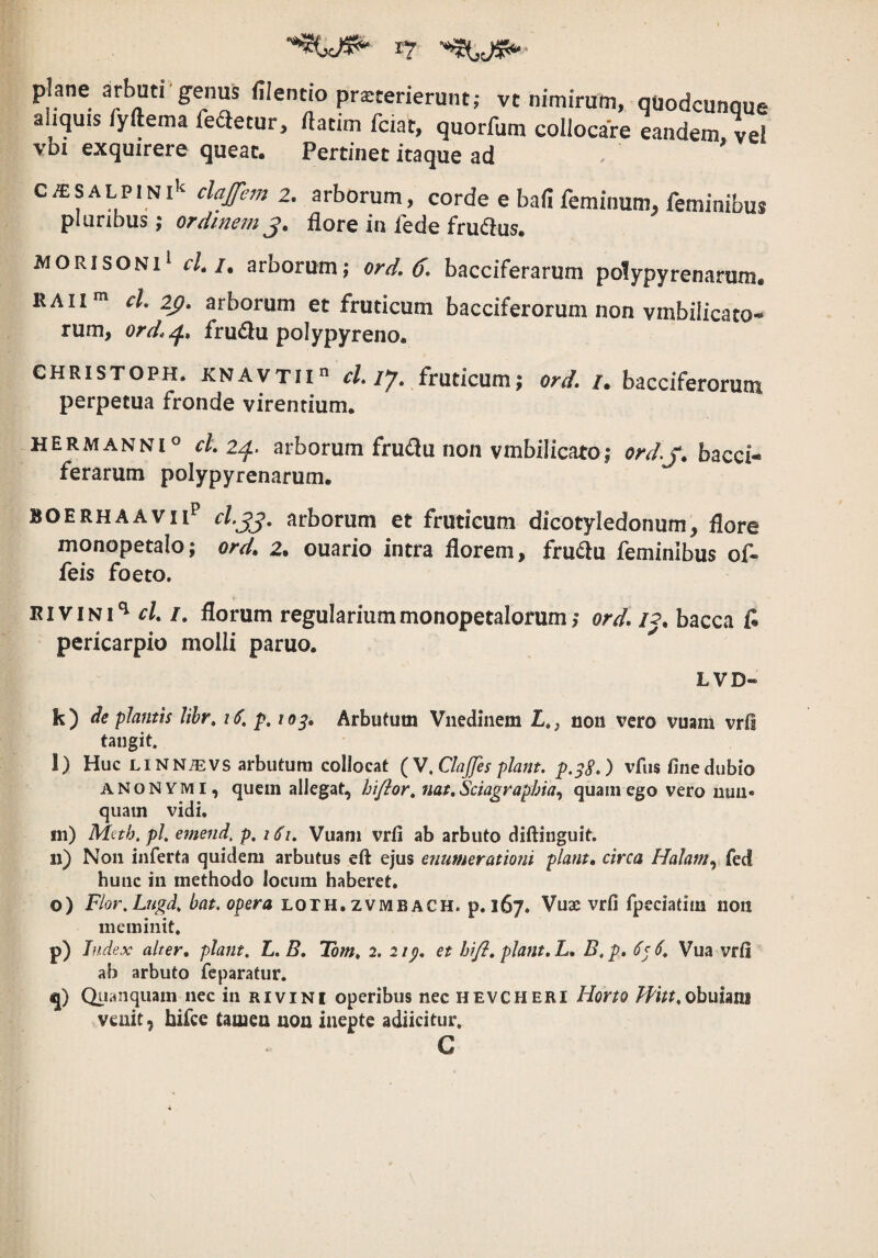 plane arbutr genus fiientio prsterierunt,- vt nimirum, qOodcunque aliquis fyftema fe£tetur, ftatim fciat, quorfum collocare eandem vel vbi exquirere queat. Pertinet itaque ad CJESALPmi'^ dafem 2. arborum, corde e baii feminum, feminibus pluribus j OTdificmflore in fede fru61us* MORisoNi cl.i. arborum; ord. 6. bacciferarum polypyrenarum. RAii* cl, 2^. arborum et fruticum bacciferorum non vmbilicato- rum, frudu polypyreno. CHRISTOPH. KNAVTII” /7. fruticum; ord, u bacciferorum perpetua fronde virendum. HERMANNIO ck 2^. arborum fru^lu non vmbilicato,* bacci¬ ferarum polypyrenarum. BOERHAAVH^ cl.jj, arborum et fruticum dicotyledonum, flore monopetalo; ord. 2. ouario intra florem, fru<5lu feminibus of- leis foeto. RiviNi^ r/. /. florum regulariummonopetalorumord. /^. bacca C pericarpio molli paruo. LVD- k) plantis lihr, 16, p, 10^. Arbutum Vnedinem Z., non vero vuam vrli taugit. l) Huc LiNNiEVS arbutum collocat (V.dafes piant. p,^S.) vfiis fine dubio ANONYMi, quem allegat, hiflor, nat.Sciagraphia.^ quam ego vero uuii» quam vidi. m) Meth.pl, einend. p. 161. Vuam vrfi ab arbuto diftiuguit. 11) Non inferta quidem arbutus eft ejus enumerationi piant, circa Halam.^ fed hunc in methodo locum haberet, o) Flor,Lugd. bat. opera loth, zvmbach. p. 167. Vux vrfi fpeciatim non meminit. p) Index alter, piant, L.B, Tom, 2. 2ip, et hifl, piant, L, B.p, 6^6, Vua vrfi ab arbuto feparatur. q) Quanquam nec in rivini operibus nec hevcheri Horto Jfnt.ohmmi venit, hifce Utuen uon inepte adiicitur. G