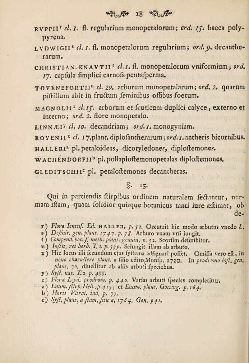 RVPPil^ ch 7. fl. regularium monopetalorum; crd* ij. bacca poly- pyrena. lvdwigii^ cL /. fi. monopetalorum regulariumj ord,^, decanthe- rarum. CHRISTI AN. KN A VTll ^ cLl.^. monopctalorum vniformium; ord. /7. capfula fimplici carnofa pentafperma, TO VRNEFORTli^^ cL 20. arborum monopetalarum; ord. 2. quarum piftilium abit in frudum feminibus oflibus foetum. jviAGNOLii^ cLiJ* arborum et fruticum duplici calyce, externo et interno; ord» 2. flore monopetalo. TlNNi^iy r/./i?, decandriam; ord.l.monogyuhm. RO Y EN11 ^ cL 17.plant. diplofantherarum; ord»/.antheris bicornibus. HALLEri^ pl.petaloideas, dicotyledones, diplofiemones. WACHENDORFii^ pl.poliaploflemonopetalas diplofiemones. GLEDiTSCHii^^ pl. pecaloflemones decantheras* Qui in partiendis flirpibus ordinem naturalem fedantur, nor¬ mam illam, quam folidior quisque botanicus tanti iure aefiimat, ob de- r) Fhr» lemnf. Ed, haller. p» J2. Occurrit hic modo arbiitns vuedo L» s) Definit, gm. piant. 7747. p» s§. Arbuto vuarn vrii iuiigit, t) Compend. hot,f, meth. piant, genuin. p, j 2. Seorfini defcribitur. u ) Inftit, rei herb. T. t. p.^^p» Seiungit illam ab arbuto. x) Hic locus illi fecundum ejus fyftema adfignari poifet. Omiifa vero cft, in nono charadere piant, a filio editOjMonfp. 1720. In prodromo hift,gen, piant, yo, diuellitur ab aliis arbuti fpeciebus. y ) Syfl, nat, T, 2. p. 4^8, z) Floree Leyd, prodrom. p, 440. Varias arbuti fpecies coinpietitur. a) Enim. ftirp.Helv,p 41^3 et Enum, piant, Gotting, p. 164. b) Horti Vltrai, ind, p, 77. c) piant» a fiam Jitu a^ lyS4, Gsn, ^41. \