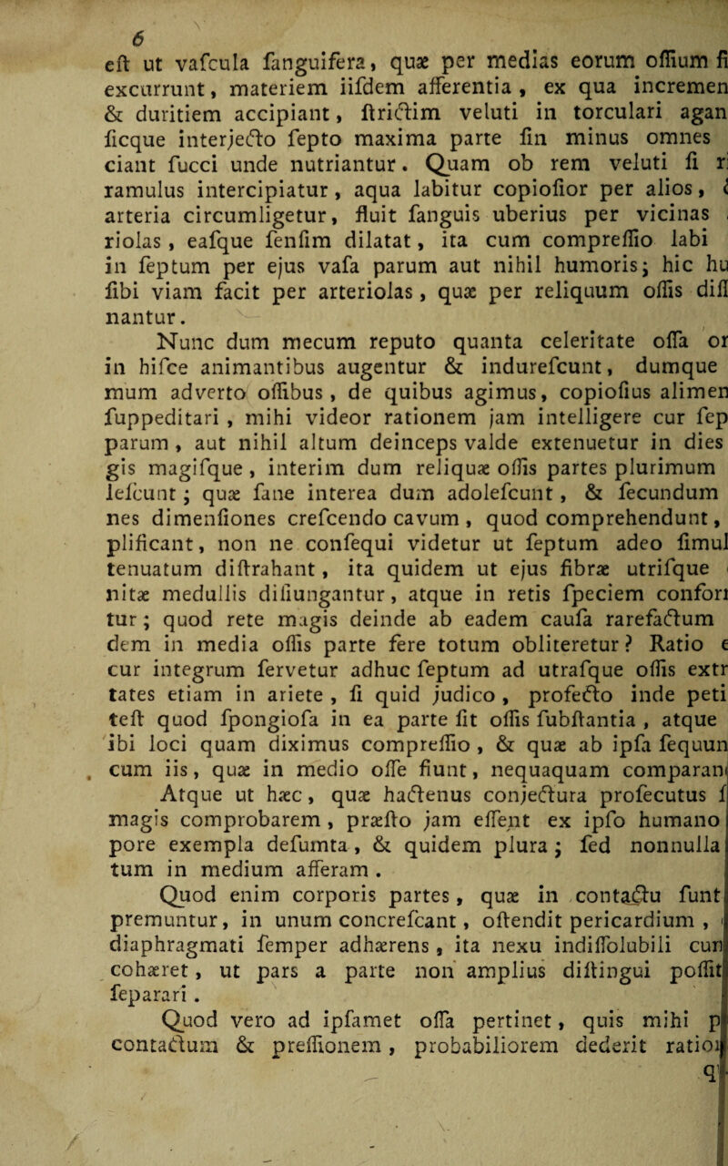 eft ut vafcula fanguifera, quae per medias eorum offium fi excurrunt, materiem iifdem afferentia , ex qua incremen & duritiem accipiant, ftriCtim veluti in torculari agan ficque interjeCto fepto maxima parte fin minus omnes ciant fucci unde nutriantur. Quam ob rem veluti fi ri ramulus intercipiatur, aqua labitur copiofior per alios, i arteria circumligetur, fluit fanguis uberius per vicinas ; riolas , eafque fenfim dilatat, ita cum compreflio labi in feptum per ejus vafa parum aut nihil humoris; hic hu fibi viam facit per arteriolas, quae per reliquum offis difl nantur. Nunc dum mecum reputo quanta celeritate offa or in hifce animantibus augentur & indurefcunt, dumque raum adverto offibus, de quibus agimus, copiofius alimen fuppeditari , mihi videor rationem jam intelligere cur fep parum , aut nihil altum deinceps valde extenuetur in dies gis magifque, interim dum reliquae offis partes plurimum lefcunt; quae fane interea dum adolefcunt, & fecundum nes dimenfiones crefcendo cavum , quod comprehendunt, plificant, non ne confequi videtur ut feptum adeo fimul tenuatum diftrahant, ita quidem ut ejus fibrae utrifque < nitae medullis diiiungantur, atque in retis fpeciem confori tur; quod rete magis deinde ab eadem caula rarefaCtum dem in media ofiis parte fere totum obliteretur ? Ratio e cur integrum fervetur adhuc feptum ad utrafque offis extr tates etiam in ariete , fi quid judico , profeCto inde peti teft quod fpongiofa in ea parte fit offis fubflantia , atque ibi loci quam diximus compreflio, & quae ab ipfa fequun cum iis, quae in medio ofie fiunt, nequaquam comparan Atque ut haec, quae haCtenus conjectura profecutus fi magis comprobarem , praeito jam effient ex ipfo humano pore exempla defumta, & quidem plura j fed nonnulla tum in medium afferam . Quod enim corporis partes, quae in ,contactu funt premuntur, in unum concrefcant, offendit pericardium , diaphragmati femper adhaerens, ita nexu indiflblubili curi cohaeret, ut pars a parte non amplius diltingui poffit feparari . Quod vero ad ipfamet offa pertinet, quis mihi p contaCtum & preffionem, probabiliorem dederit ratioij