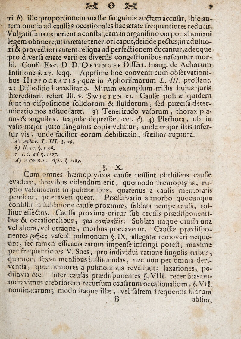 j m,S; :« <> ti b) ille proportionem mafTae Ianguinis au£hm accuiat, hic au¬ rem omnia ad cauflas occalionales hac aetate frequentiores reducit» Vulgatiffima experientia conftat5eam inorganifmo corporis humani legem obtinet ejUtinaetate tenerioricaputjdeindepe&us.inadultio- ri & provedtiori autem reliqua ad perfedtionem ducantur3adeoque pro diverfa aetate varii ex diverlis congeftionibus nafcantur mor¬ bi. Gonf. Exc. D. D. G etitsi g er DifTert. lnaug. de Achorum Inlitione §. 23. feqq. Apprime hoc convenit cum obfervationi- bus Hippocratis , quae in Aphorilmorum L. III. proflant. 2j Difpofitio hteieditaria. Mirum exemplum triflis hujus juris haereditarii refert 111. v. Swi e t en c). Caulae politae quidem funt in difpolitione folidorum & fluidorum, led praecifa deter¬ minatio nos adhuc later. 3) Teneritudo vaforum , thorax pla¬ nus & anguftus, Icapulte depreflac, cet. d). 4) Plethora, ubi in valis major juflo Ianguinis copia vehitur, unde major iftis infer¬ tur vis , unde facilior eorum -debilitatio, facilior ruptura. a) ^plJor- L. IIL §, b) lL cc,§'ii$s+ c Lc. ad 1 ?oj. 'd) BOERH. .Aph, § zipg* , \ ^ - ; - §. x* Cum omnes baemoptyfeos caulae poflint nhthifeos caulae evadere, brevibus videndum erit, quomodo haemopryfis, ru¬ ptio va(culorum in pulmonibus, quatenus a caulis memoratis penuenr, praecaveri queat. Praelervatio a morbo quocunque conliftir in Inhiatione caulae proximae, (ablata nempe caula, tol¬ litur effedfus. Caulla proxima oritur fub caulfis praedifponenti- bus & occalionalibus, qua conjunfth: Sublata iraque caulla una vel altera,vel utraque, morbus praecavetur. Caullae praedifpo- nentes vafculi pulmonum §. IX. allegatae removeri neque¬ unt, led tamen efficacia earum impenle infringi poteft, maxime per frequentiores V. Snes, pro individui ratione lingulis tribus* quartior, texve menfibusinftituendas, nec non per omnia deri¬ vantia, quae humores a pulmonibus revellunt* laxationes, pe- dilovia &c. Inter caulas praedifponentes $. VIII. recenlitas nu¬ meravimus crebriorem recurfum caufarum occafionalium, $. Vlf nominatarum j modo itaque illae, vel faltem frequentia illarum ablin