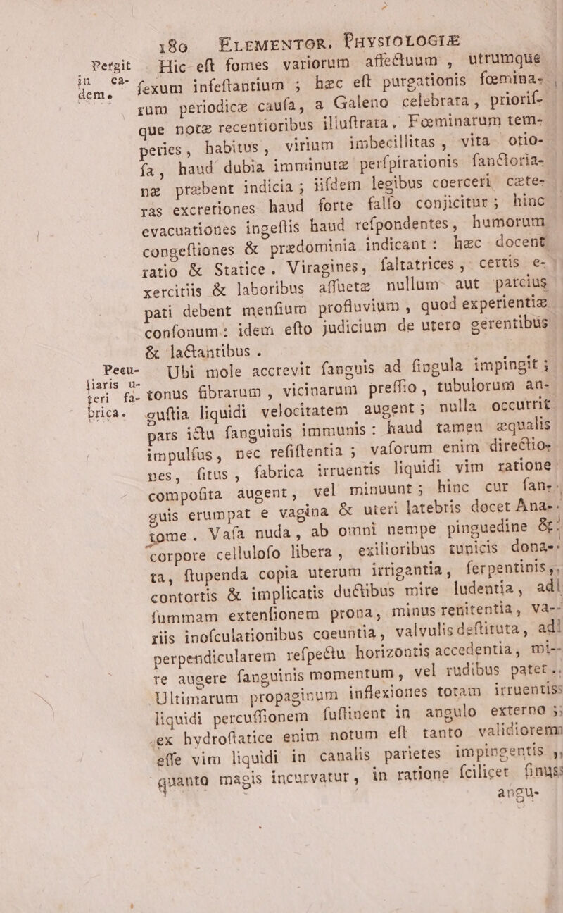 - ;80 — ErrMENTOR. P'uvsroroGrE Wig Ad Hic eft fomes variorum affectuum , utrumque dem, f4exum infeftantium ; hec eft purgationis foemina- ^ ^. gum periodice cauía, a Galeno celebrata, priorif- | que notz recentioribus illuflrata, Foeminarum tem- peres, habitus, virium imbecillitas , vita « otio- ía, haud dubia imminutz perfpirationis fancloria- nz przbent indicia ; iifdem legibus coerceri czte- ras excretiones haud forte falfo conjicitur ; hinc evacuationes ingeflis haud refpondentes, humorum congefliones &amp; praedominia indicant: hzc docent ratio &amp; Statice. Viragines, faltatrices ,- certis e- xercitiis &amp; laboribus affüetz nullum. aut parcius pati debent menfium profluvium , quod experientiz confonum.: idem efto judicium de utero gerentibus | &amp; la&amp;tantibus . | ue Ubi mole accrevit fanguis ad fingula impingit j teri fa. tonus fibrarum , vicinarum preífio, tubulorum an- brica. guftia liquidi velocitatem augent nulla occutri£ pars ictu fanguiuis immunis: haud tamen zqualis impulfus, nec refiftentia ; vaforum enim dire&amp;tios nes, fitus , fabrica irruentis liquidi vim ratione: compofita augent, vel minuunt; hinc cur fan. . guis erumpat e vagina &amp; uteri latebris docet Ana-- iome. Vaía nuda, ab omni nempe pinguedine &amp;. corpore cellulofo libera , exilioribus tunicis donas: ta, ftupenda copia uterum irrigantia, ferpentinis ,, contortis &amp; implicatis ducibus mire ludentia, adl fummam extenfionem prona, minus renitentia, Và-- rüs inofculationibus coeuntia , valvulis deftituta, ad! perpendicularem refpectu. horizontis accedentia, mi-- re augere fanguinis momentum , vel rudibus patet... Ultimarum propaginum inflexiones totam irruentiss liquidi percuffionem | fuftinent in angulo externa 5; ex hydroftatice enim. notum eft tanto validiorenn effe vim liquidi in canalis parietes impingentis ,, quanto magis incurvatur, in ratione fcilicet finus: angu