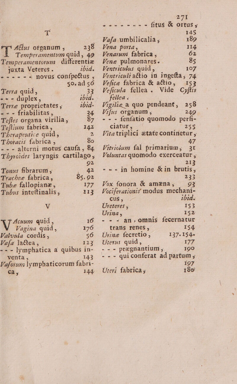 T T A&amp;lus otganum , 238 X Temperamentum quid , 49 Temperarientorum | ditferentiz juxta Veteres . ibid. »«----^4 novus confpectus , 50. ad 56 Terra quid, 33 « * - duplex, ibid. Terre proprietates , ibid- - « - friabilitas, 34 Tefles organa virilia , 87 Teflium fabrica , 142 Tberapeutice quid , 2 Tboracis fabrica , 8o - - - alterni motus caufa , 84 Tbhyvoides laryngis cartilago , 92 Toauss fibrarum ; Co o Tracbee fabrica, 85. 02 Tube fallopianz , 177 Tubus inte(tinalis; 113 N Ej quid , 16 Vagina quid, 176 Valoula cordis , $6 Va[a lactea , 123 -- - lymphatica à quibus in- venta, |/143 Vaforum lymphaticorum fabri- ca, 144 251 -----2-c fitus &amp; ortus ; 145 Va[a umbilicalia ; 189 Vena porta, 114. Venaiumi fabrica , 62 Vene pulmonares.. 85 Ventriculus quid , 107 Ventviculi actio in ingefta ; 74. Vefice fabrica &amp; actio, — 153 Veficula fellea . Vide Cyflis s feilea - - : Vigilie a quo pendeant, 258 V;ifus organum , 249 - - - fenfatio quomodo perfi- ciatur, ur Vitatriplici &amp;tate continetur y | | 47 Vitviolum fal primarium, 3r Voluntas quotnodo exerceatur y s o LM - - - jn homine &amp;in brutis, 233 Vox fonora &amp; amana, 923 Vocifevationis modus mechani- . cu$, ibid. Ureteres , 153 Urina , 152 - - - an, omnis fecernatur trans renes, 154. Urine fecretio, 137.154. Uterus quid, — 177 --. pregnantium ,.— 190 - - - quiconferat ad partum , 197 Ürer; fabrica ; 18o