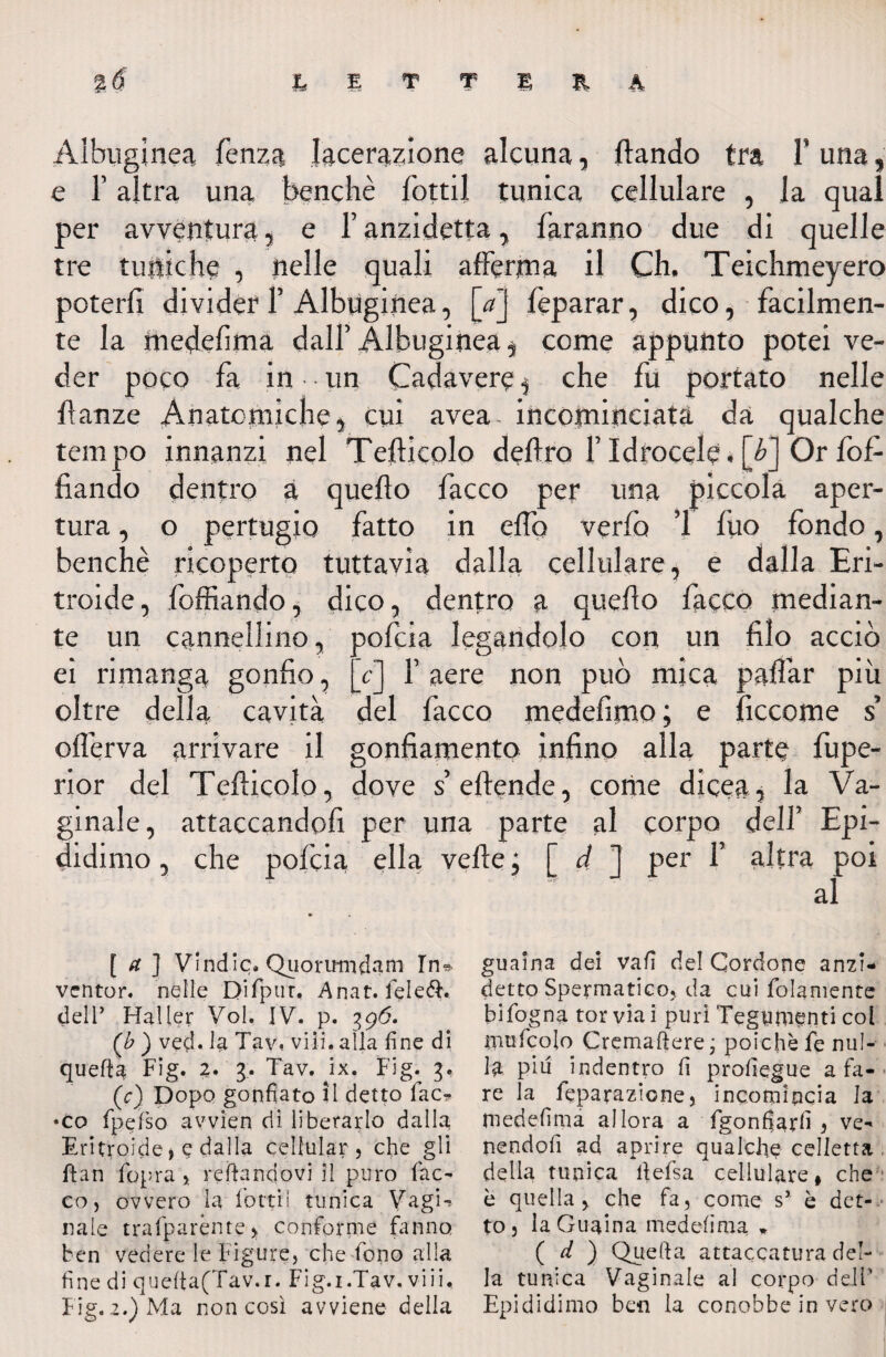 Albuginea fenza lacerazione alcuna, ftando tra F una, e F altra una benché fottìi tunica cellulare , la qual per avventura, e Fanzidetto , faranno due di quelle tre tuniche , nelle quali afferma il Ch, Teichmeyero poterli divider 1’ Albuginea, [a] feparar, dico, facilmen¬ te la rnedelima dall’ Albuginea , come appunto potei ve¬ der poco fa in un Cadavere ^ che fu portato nelle danze Anatomiche, cui avea- incominciata da qualche tempo innanzi nel Tedicelo dedro f Idrocele. [Aj Or fof- fiando dentro a quedo facco per una piccola aper¬ tura , o pertugio fatto in edb verta ’1 filo fondo, benché ricoperto tuttavìa dalla cellulare, e dalla Eri- troide, foffiando, dico, dentro a quedo facco median¬ te un cannellino, pofeia legandolo con un filo acciò ei rimanga gonfio, [c] f aere non può mica padar più oltre della cavità del facco medefimo; e ficcome s oflerva arrivare il gonfiamento infino alla parte fupe- rior del Tedicolo, dove s edende, come dicea, la Va¬ ginale, attaccandoli per una parte al corpo dell’ Epi¬ didimo , che pofeia ella vede ; [ d ] per F altra poi [ a ] Vindic. Quorumdam In* ventor. nelle Difpur. Anat. fele&. dell' Haller Voi. IV. p. 396. (b ) veci, la Tav. vili, alla fine di quefìa Fig. 2. 3. Tav. ix. Fig. 3, (c) Dopo gonfiato il detto fac- •co fpefso avvien di liberarlo dalla Eritroide > e dalla cellular , che gli ftan fopra * re ftando vi il puro fac¬ co , ovvero la lottii tunica Vagì-, naie trafparènte, conforme fanno ben vedere le Figure, che fono alla fine di queita(Tav.r. Fig.i.Tav. viii. Fig. 2.) Ma non così avviene della guaina dei vafi de! Cordone anzi¬ detto Spermatico, da cui fidamente bifogna tor via i puri Tegumenti col tnufcolo Cremaftere ; poiché fe nul- 1# piu ^indentro fi profiegue a fa¬ re la feparazione, incomincia la medefiina allora a fgonfiarfi , ve¬ nendoli ad aprire qualche celletta della tunica ftefsa cellulare » che è quella 5 che fa, come sr è det¬ to , la Guaina medefima » ( d ) Quefta attaccatura del¬ la tunica Vaginale al corpo dell' Epididimo ben la conobbe in vero