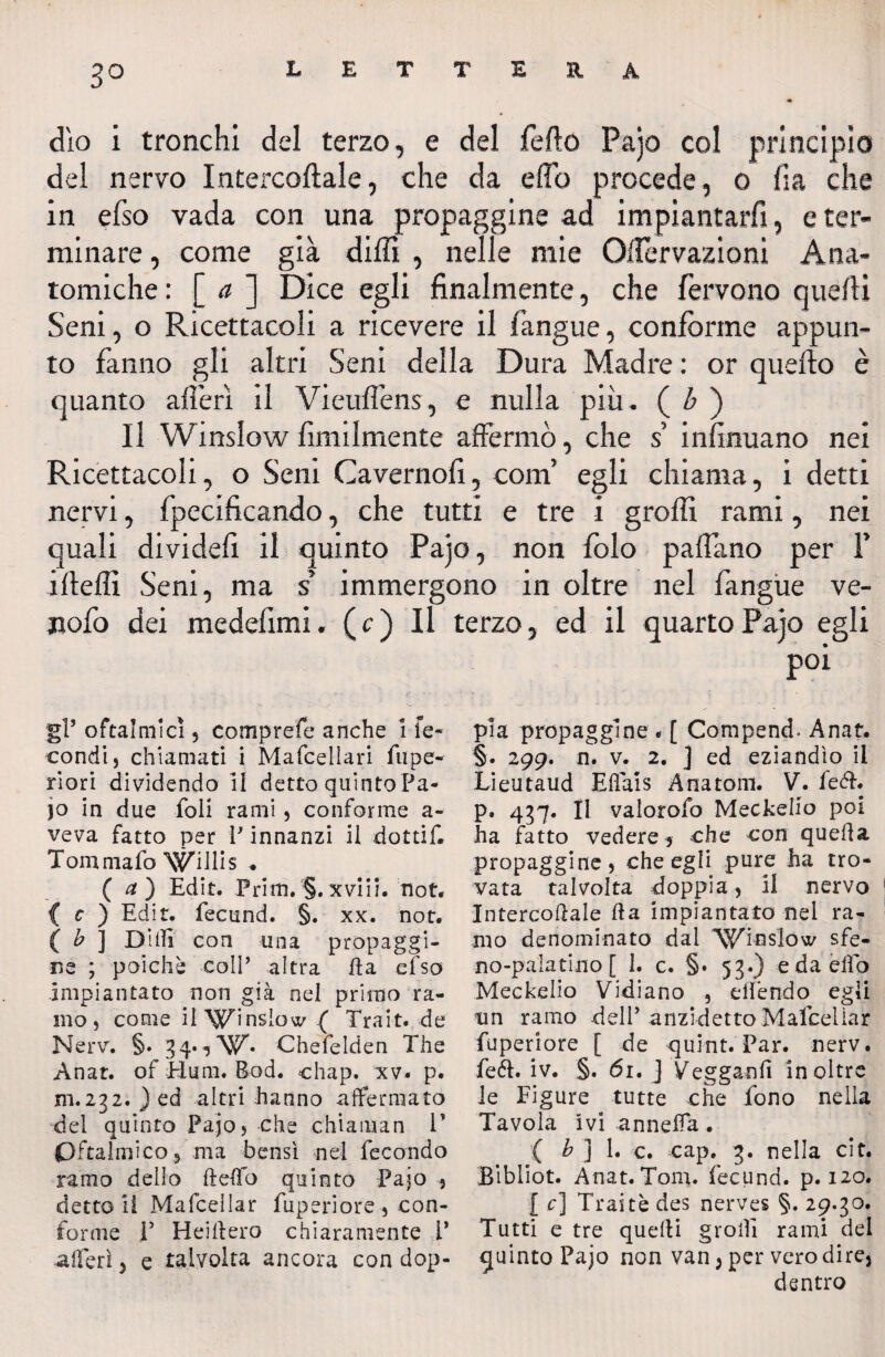 3° dìo i tronchi del terzo, e del fello Pajo col principio del nervo Intercoftale, che da e fio procede, o fi a che in efso vada con una propaggine ad impiantarfi, e ter¬ minare , come già dilli , nelle mie Ollèrvazioni Ana¬ tomiche : [ a ] Dice egli finalmente, che fervono quelli Seni, o Ricettacoli a ricevere il fangue, conforme appun¬ to fanno gli altri Seni della Dura Madre : or quello è quanto aflerì il Vieufièns, e nulla più. ( b ) Il Winslow ùmilmente affermò, che s’ infatuano nei Ricettacoli, o Seni Cavernofi, com’ egli chiama, i detti nervi, fpecificando, che tutti e tre i groffi rami, nei quali dividefi il quinto Pajo, non lòlo palfano per F ifieffi Seni, ma s immergono in oltre nel fangue ve- nofo dei medefimi. ( c ) Il terzo, ed il quarto Pajo egli gl’ oftalmici 5 comprefe anche i fe¬ condi, chiamati i Mafcellari fupe- riori dividendo il detto quinto Pa¬ jo in due foli rami, conforme a~ veva fatto per P innanzi il dottif. Tommafo Willis . ( a) Edit. Prim. §. xviii. not. ( c ) Edit. fecund. §. xx. not. ( b ] Dilli con una propaggi¬ ne ; poiché colf altra Ila efso impiantato non già nel primo ra¬ mo, come il Winslow ( Trait. de Nerv. §. Chefelden The Anat. of Elum. Bod. chap. xv. p. m.232. ) ed altri hanno affermato del quinto Pajo, che chiaman V Oftalmico, ma bensì nel fecondo ramo dello deffo quinto Pajo , detto il Mafcellar fuperiore , con¬ forme T Heidero chiaramente V aderì, e talvolta ancora con dop- poi pia propaggine * [ Compend- Anat. §. 299. n. v. 2. j ed eziandìo il Lieutaud Effais Anatom. V. fedi, p. 437. Il valorofo Meckelio poi ha fatto vedere 5 che con quella propaggine, che egli pure ha tro¬ vata talvolta doppia, il nervo Intercodale da impiantato nel ra¬ mo denominato dal W^bsIow sfe- no-palatino [ 1. c. §. 53.) e da elfo Meckelio Vidiano , elfendo egli un ramo dell’anzidetto Mafcellar fuperiore [ de quint. Par. nerv. fedi. iv. §. 61. J Vegganli inoltre le Figure tutte che fono nella Tavola ivi anneffa. ( b ] 1. c. cap. 3. nella cit. Bibliot. Anat. Tom. fecund. p. 120. I c] Traitè des nerves §. 29.30. Tutti e tre quedi grodi rami del quinto Pajo non van, per vero dire, dentro