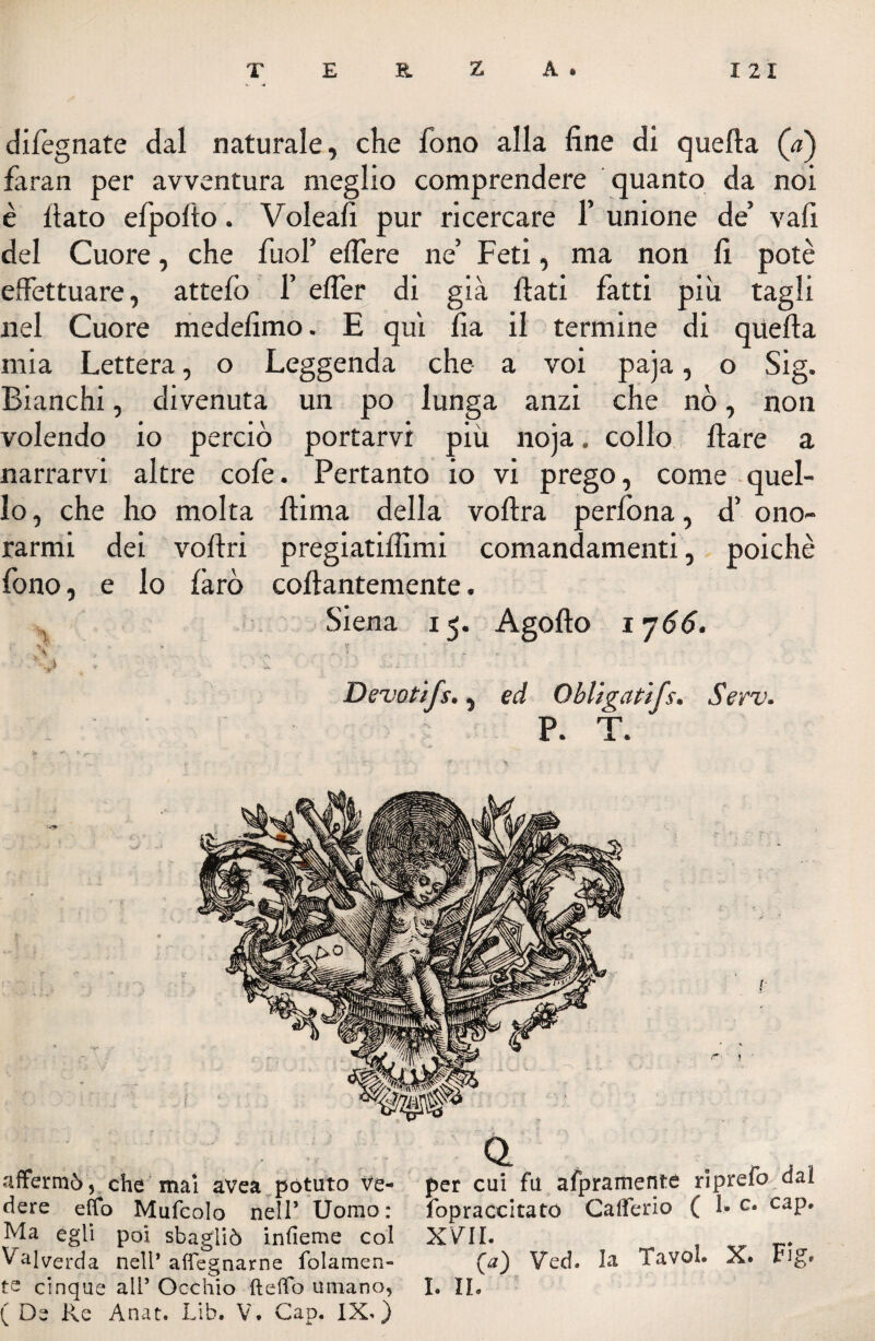 difegnate dal naturale, che fono alla fine di quella (V) faran per avventura meglio comprendere quanto da noi è fiato efpolto. Voleafi pur ricercare 1’ unione de’ vafi del Cuore, che Tuoi’ edere ne’ Feti, ma non fi potè effettuare, attefo F efler di già fiati fatti più tagli nel Cuore medefimo. E qui fia il termine di quella mia Lettera, o Leggenda che a voi paja, o Sig. Bianchi, divenuta un po lunga anzi che nò, non volendo io perciò portarvi più noja. collo Ilare a narrarvi altre cofe. Pertanto io vi prego, come quel¬ lo , che ho molta ftima della voftra perfona, d’ ono¬ rarmi dei vofiri pregiatiflìmi comandamenti, poiché fono, e lo (arò collantemente. Siena 15. Agollo 1 j66. % s Devo tifi* ^ ed Obligatifs• Serv. P. T. affermò 5 che mal avea potuto ve¬ dere eho Mufcolo nell’ Uomo: Ma egli poi sbagliò infieme col ^alverda nell’affegnarne folamen- te cinque all’ Occhio {letto umano, ( De Re Anat. Lih. V. Gap. 1X0 Q. per cui fu afpramente riprefo dal fopractitato Calferio ( 1- c. cap, XVII. (a) Ved. la lavo!. X. Fig» I. IL