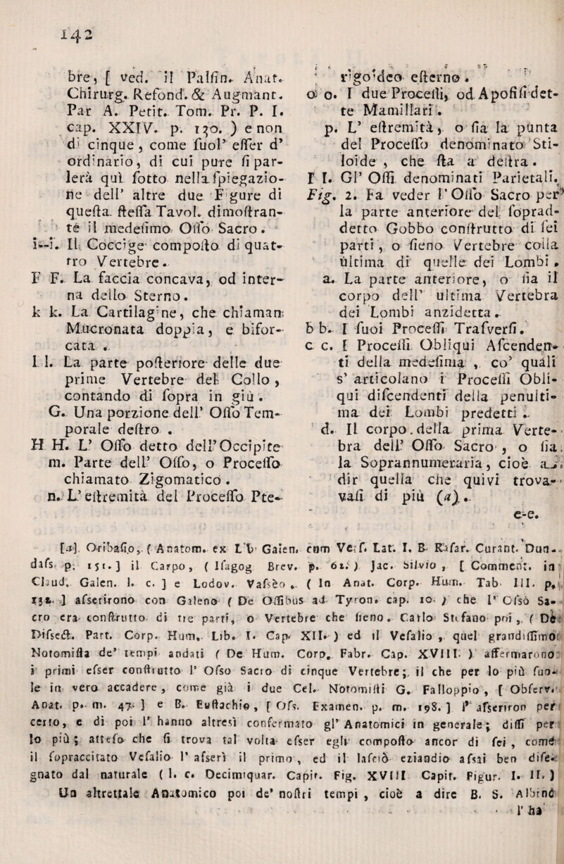 Cnimrg. Refond. & Augmant. Par A. Petit. Tom. Pr. P. I. cap. XXIV. p. i^o. ) e non ci * cinque, come Tuoi5 elfer d* ordinario, di cui pure Spar¬ lerà qui fotta nella, fpiegazio- ne deli altre due Fgure di quella- fteffa Tavol. dimoflran- tè il mededmo Odo Sacro. - 5—5*, li; Coccige' compolio di quat¬ tro Vertebre. E F. La faccia concava, od inter¬ na delio Sterno. k k. La Cartilagine, che chiamar* Mucronata doppia, e bifor¬ cata . 11. La parte poderiore- delle due prime Vertebre del Colio , contando di fopra in giù . G. Una porzione dell* Offo Tem¬ porale deliro . H H. L’ Offo detto dell’Occipite ni. Parte deli’ Offo, o Proceda chiamato Zigomatico . n. V e lire mità del Procedo Pte- a o. I due Procedi, od Apofifi det¬ te Ma mi ilari. p. L’ ed rem ita, o fi a la pùnta del Proceffo denominato Sti- Joide , che da a delira. F I. Gl’ Odi- denominati Parietali. Fig, 2. Fa veder l’Olio Sacro per* la parte anteriore del foprad- detto Gobbo conflrutto di lei parti ,, o fieno Vertebre coda ùltima di quelle dei Lombi * a. La parte anteriore, o da il corpo deli1 ultima Vertebra dei Lombi anzidetta.- b b. I Tuoi Procedi Trafverd. c c. i Procedi Obliqui Afcendeir* ti della niededma , co' quali s' articolano i Procedi Obli¬ qui difendenti delia penulti¬ ma dei Lombi predetti .. d. li corpo, della prima Verte¬ bra deil5 Odo Sacro , o da. la Soprannumeraria , cioè aJ\ dir quella che quivi trova- vaii di piu (a} e-e. [a], Oribaflo,, f A natom. ex L F Gàlen« canr> Veif. Lat; I, B~ Eàfar. Curant. Dun- dafs, p, 151.3 il Carpo, ( Ifagog Brev. p. 61. ) Jac. Silvio , [ Coramcn:, in Ckud. Gaien. 1. c. ] e Lodov. Vafsèo *- ( Io Anat. Corp. Hum. Tab III. p,\ 13* 1 afserlrono con Galena ( De OiSbus ai Tyron. cap. io ; che I* Ofsò Sa¬ cro era- confiamo di tre parti, © Vertebre che fieno. Cado Sufano poi s, ( Dè Difsed. Part. Corp. H'Utn*. Lib. I. Gap. XÌU) ed il Vcfalio, quel grandi filmo • <* Notomifla de* tempi andati ( De Ham. Coro. Fabr. Gap. XVIIC 1 affermarono i primi efser confttutfo l8 Ofso Sacro di cinque Vertebre;, il che per lo più fuo- le in vera accadere, come già i due Gel.- NòtomifH G. Falloppio , [ Obferv. Anat* p»> ni. 47^ 3 e &. Euftachi©, [ Of$. Examen. p. m. 19S. ] 1* afseriron per certo, e di poi 1’ hanno altresì confermato gl* Anatomici in generale; didì per 10 più; attefo che (ì trova tal volta- efser egli* comporta ancor di (ci , come 11 fopraccitato Vcfalio V afserì il primo , ed il hfetò eiiandio afsai ben dife. guato dal naturale (1. c. Decinmquar. Capir. Fìg. XVUI Capir. Figur* I- IT» ) Ua altrettale Anatomico poi de* nofhi tempi, cioè a dire B. S. 'Albintf ■ - * 41’ ha
