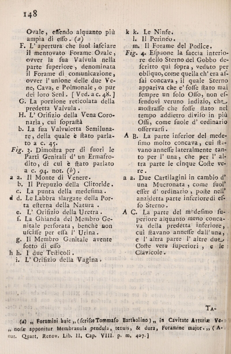 Ovale, effendo alquanto più ampia di etto . (a) F. L5 apertura che luol iafciare il mentovato Forame Ovale, ovver la fua Valvula nella parte fuperiore , denominata il Forame di comunicazione, ovver P unione delle due Ve¬ ne, Cava, e Polmonale, o pur dei loro Seni. [ Ved. a c. 48. ] G. La porzione reticolata della predetta Valvula. H. U Orifizio della Vena Coro¬ naria , cui fopraftà b. La fua Valvuletta Semi luna¬ re , della quale è fiato parla¬ to a c. 45. Fig. 3. Dimoftra per di fuori le Parti Genitali d’ un Ermafro¬ dito, di cui è fiato parlato a c. 94. not. (\b) # a a. Il Monte di Venere. b. Il Prepuzio della Clitoride. c. La punta della medefima. i d. Le Labbra slargate della Por* ta efterna della Natura . e. L’ Orifizio della Uretra . f. La Ghianda del Membro Ge¬ nitale perforata , benché non ufciife per elfa P Urina. g- 11 Membro Genitale avente Lotto di elfo h h. I due Tefiicoli. i. L’Orifizio della Vagina. k k. Le Ninfe. l. Il Perineo. m. Il Forame del Podice. Fig. 4. Efpuone la faccia interio¬ re dello Sterno del Gobbo de- fcritto qui fopra , veduto per obliquo, come quella eh’ era af¬ fai concava , il quale Sterno appariva che e’folle fiato mai lempre un folo Oliò, non ef¬ fe ndo vi veruno indizio, cho mofirafie che folfe fiato nel tempo addietro divi/ò in più Olii, come fuole d’ ordinario olfervarfi. A B. La parte inferior del mede- fimo molto concava, cui fini¬ vano annefie lateralmente tan¬ to per P una, che per P al¬ tra parte le cinque Colle ve¬ re . a a. Due Cartilagini in cambio d’ una Mucronata , come fuoP efler d5 ordinario , polle nelP anzidetta parte inferiore di ef- fo Sterno. A G. La parte del m^defimo fu¬ periore alquanto meno conca¬ va della predetta inferiore, cui itavano annelfe dall5una, e P altra parte P altre duo ' Colle vere fuperiori , e le Clavicole. Ta- ... t t . t - ^ » * * y (a) „ Foramini huic „ ( fcrifseTommafo Bartholioo ) „ in Cavitate Arteria? Ve- „ nofar apponitur Membranula pendula» tennis, & dura, Foramine major.,, ( A- nar. Quart, Rcnov. Lib. Il, Gap. Vili. p. m, 407*]