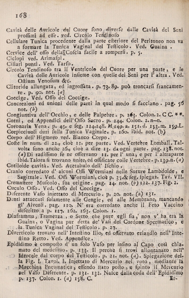 Cavità delle Auricole del Cuore fono dSverfe dalle Cavità dei Seni proffimi ad ede. ved. Circolo Teridijìoib Cellulare Tunica procedente dalla parte ederiore del Peritoneo non va a formare la Tunica Vaginal del Tedicelo. Ved. Guaina . Cervice dell* offo delIa|Cofcia facile a romperli, p, 5, Ciclopi ved. Arimafpi. Ciliari punti. Ved. Tarfo, Circolo Tendinofo tra il Ventricolo del Cuore per una parte , e le Cavità delle Auricole infieme con quelle dei Seni per V altra . Ved. Odiurn Venofum 8$c* Clitoride allungata, ed ingroffata . p, 73. 89. può troncar/! francamene te. p. 90. not. [a] , Coccige. Vèd. Offo del Coccige. Concrezioni ed unioni delle parti in qual modo fi facciano . pag, 56 not. (b) # i Congiuntiva dell’ Occhio , e delle Palpebre , p. iég. Colon, 2, G C» * Corni, od Appendici delPQffo Sacro, p. 144. Colon. 2.n—n. Coronaria Vena., p. 45. e feg. 124,148, M: 149, a, I5i.d. 153,111. 159.L. Corpicciuoli duri falla Tunica Vaginale, p. lóo. ibid. not. (b) Corpo delPHigmoro ved. Bianco Corpo, Gode in num. di 22.,- cioè 11. per parte. Ved. Vertebre Lombali. Tal*, volta fono anche 2d«, cioè a dire 13. da ogni parte, pag. 138. not. (#)Di radiffimo fe ne oifervano 11. per V una, e per Paltraparte ibid. Talora fi trovano unite, ed oflificate colle Vertebre. p. 139.0* (a) Cotiloide cavità. Ved. Acetabolo delP Ifchio , Cranio corredato d’ alcuni Odi ^ormiani nelle Suture Lambdoide, c Sagittale . Ved. Oli! Wormiani, cioè p. 35.&feg, Ipiegaz. Tav. VII. Cremadere Mufcolo, fua origine, pag. *4. not. , (F)izz. 137.Big* 2. Cuculo Odo. Ved. Odo del Coccige, Deferente Vafo iniettato di Mercurio, p, 20. not.? (a) 131. Denti attaccati folamente alle Gengie, ed alle Membrane, mancando gP Alveoli, pag. no, N’ era corredato anche il Feto Vaccino deferitto a p. 117, 162. idg. Colon. x, , Diaframma, Tramezza , o Setto che pure egli fia non v’ ha tra la Guaina, o Vagina pur detta de’ Vali del Cordone Spermatico, e Ja. Tunica Vaginal del Tedicolo. p. 27. Diverticolo trovare nell’ Intedino Ilio, ed offervato eziandio nell* Inte- dino Retto. Ved. Appendice • Epididimo è compodo d’ un foto Vafo per infino al Capo così chia¬ mato del medelimo. p. 133. Il perchè li trovi allontanato nell* ; Idrocele dal corpo del Tedicolo. p. 21. not. (V). Spiegazione del¬ la Fig. f. Tavol. I, Iniettato di Mercurio nel voto, mediante la Macchina Pneumatica, effendo dato podo , e fpinto il Mercurio nel Vafo Deferente, p. 131. 132. Nalce dalla coda delP Epididimo