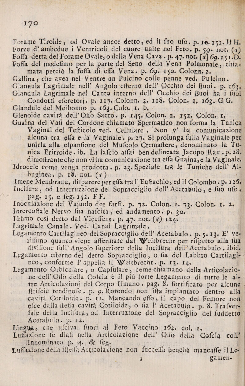 Forze d’ambedue i Ventricoli del cuore unite nel Feto, p. 59% not. (a) Folla detta del Forame Ovale, o della Vena Cava . p. 47. not. [a] 6g. 15 i.D. Foffa del medefìmo per la parte del Seno della Vena Poligonale, chia¬ mata perciò la folla di elTa Vena. p. 6g. 150. Colonn. 2- Gallina, che avea nel Ventre un Pulcino colle penne ved. Pulcino. Gianduia Lagrimale nell’ Angolo elterno deli’ Òcchio dei. Buoi. p. 163. Gianduia Lagrimale nel Canto interno delP Occhio dei Buoi ha i fuoi Condotti efcretorj. p. 117, Colonn. 2. 118. Colon, j, 163. G G. Glandule del Meibomio p. 163. Colo. 1. b. Glenoide cavità dell’Olio Sacro, p. 145. Colon. 2. 152. Colon. 1. Guaina dei Vali del Cordone chiamato Spermatico non forma la Tunica Vaginal del Teflicolo ved. Cellulare . Non v’ ha comunicazione alcuna tra cha e la Vaginale , p. 27. Si prolunga fuila Vaginale per unirla alla efpanlìone del Mufcolo Cremaftere, denominato la Tu¬ nica Eritrpide. ib. La iafciò affai ben delineata Jacopo Rau.p. 28. dimodranteche non vi ha comunicazione tra elfa Guaina, e la Vaginale. Idrocele come venga prodotta, p. 23. Speziale tra le Tuniehc dell’ Al- buginea. p. 18. not. (a) Imene Membrana, disparere per efifa tra P Euftachio, ed il Colombo. p. 126. Incilura, od Interruzzione dei Sopracciglio dell’Acetabulo, e fuo ufo. pag; 15. e feg. 152. F F. Inoculazione del Vajuolo dee farli, p. 72. Colon, r. 73. Colon? 1? 2, Jntercodale Nervo fua nafcica, ed andamento, p. 30. Ifthmo così detto dal VieufTens. p. 47. not. (0) 124, Lagrimale Canale. Ved. Canal Lagrimale. Legamento Cartilagineo del Sopracciglio dell’ Acetabulo. p. 5.13. E’ ve- rifiimo quanto viene affermate dal ^eitbrecht per rifpetto alla fua divisone full’ Angolo fuperiore della Incifura deli’Acetabulo . ibid. Legamento elterno del detto Sopracciglio, o ha del Labbro Cartilagi- neo, conforme 1’appella il Weitbrecht. p. 13. 14. Legamento Orbiculare , o Capfulare , come chiamano della Articolazio¬ ne dell' Olio della Gofeia è il più forte Legamento di tutte le al¬ tre Articolazioni dei Corpo Umano, pag. 8. fortificato per alcune ftrifeie tendinofe . p. 9. Rotondo non ilta impiantato dentro alia cavità Colloide, p. u. Mancando elfo 5 il capo del Femore non e'ce dalla delia cavità Cotiloide, o ha V Acetabuio. p. 8. TralVer- fale della Incifura, od Interruzione del Sopracciglio del fuddetto Acetabulo. p. i£. Lingua, che ufeiva fuori al Feto Vaccino 162, col, 1, Lunazione le diali nella Articolazione deli’ Olio della Cofeig coll’ Innominato p. 4. & feg. Lunazione della ideila Articolazione non fucqefla benché nuncaffe il Le* j gamen-