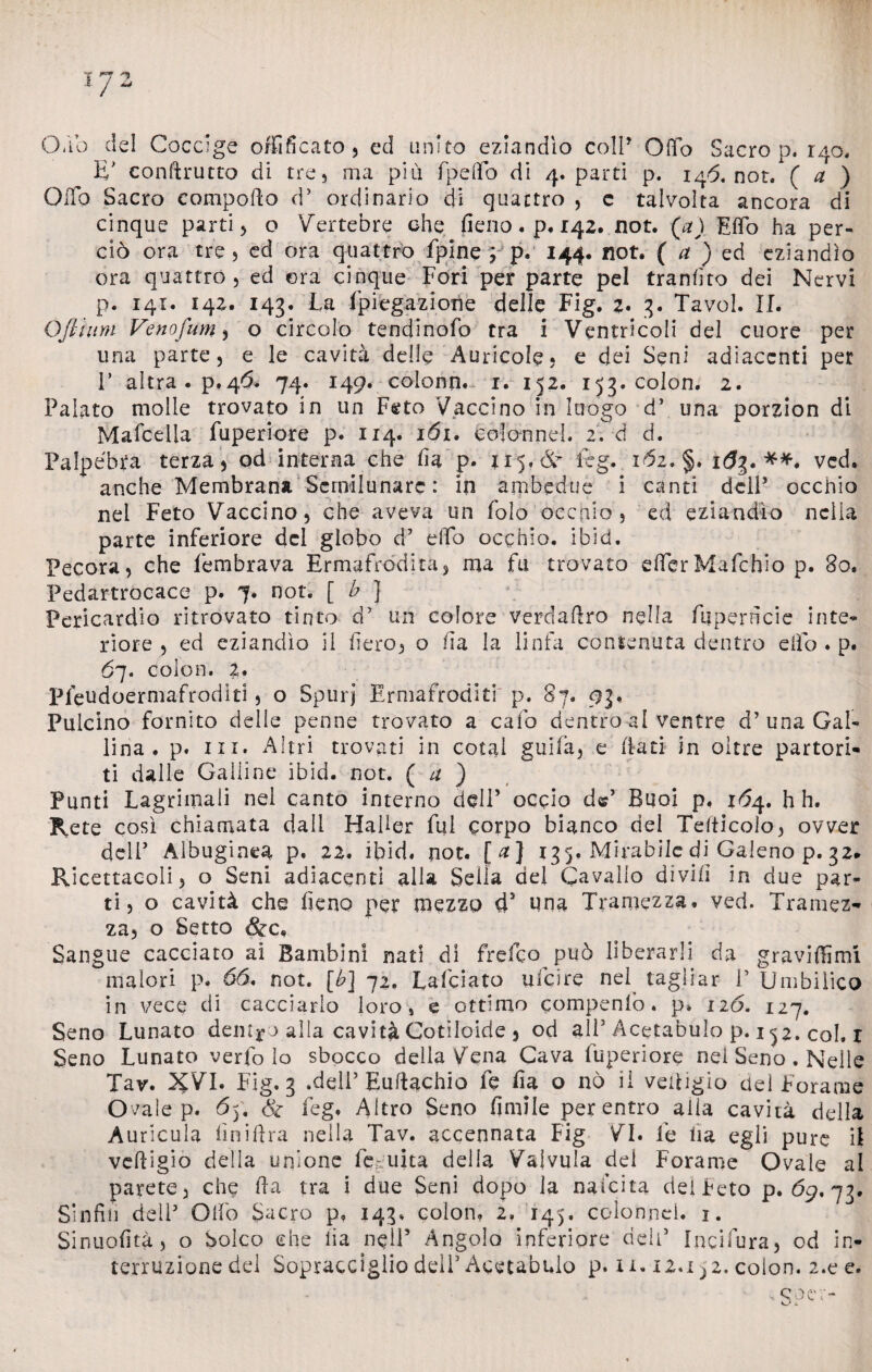 Olio de! Coccige edificato, ed unito eziandìo colP Offo Sacro p. 140, Hf conftrutto di tre, ma più fpeffò di 4. parti p. 146. note ( a ) OiTo Sacro compofio d’ ordinario di quattro , c talvolta ancora di cinque parti, o Vertebre che fieno. p. 142, not. (a) Elfo ha per¬ ciò ora tre , ed ora quattro fpine ; p. 144. not. ( a ) ed eziandìo ora quattro, ed ora cinque Fori per parte pel tradito dei Nervi p. 141. 142. 143. La fpiegazione delle Fig. z. 3. Tavol. IL Ojìittm Ve no funi ? o circolo tendinofo tra i Ventricoli del cuore per una parte, e le cavità delle Auricole? e dei Seni adiacenti per V altra, p.46. 74. 149. colono. 1. 152. 153. colon. 2. Palato molle trovato in un Feto Vaccino in luogo d’ una porzion di Mafceila fuperiore p. 114. 161. colonne!, 2. d d. Palpebra terza? od interna che fi a p. 115. & feg. 162. §. 163. ved. anche Membrana Scmilunarc : in ambedue i canti dell’ occhio nei Feto Vaccino, che aveva un folo occhio, ed eziandìo nella parte inferiore del globo d’ dio occhio, ibid. Pecora, che fembrava Ermafrodita, ma fu trovato efierMafcbio p. So. Pedartrocace p. 7. not. [ b ] Pericardio ritrovato tinto d’ un colore verdaftro nella fuperhcie inte¬ riore , ed eziandìo il fiero, o fi a la linfa contenuta dentro elfo . p. 67. colon. 2* Pfeudoermafroditi, o Spurj Ermafroditi' p. 87. 93, Pulcino fornito delie penne trovato a calo dentro al ventre d’ una Gal¬ lina . p. ili. Altri trovati in coiai guifa, e (iati in oltre partorii ti dalle Galline ibid. not. ( a ) Punti Lagrimali nel canto interno dclP occio de’ Buoi p, 164. h h. Rete così chiamata dall HaUer fui corpo bianco del Tdticolo, ovver dell’ Albugine^ p. 22. ibid. hot. [#] 135. Mirabile di Galeno p. 32. Ricettacoli, o Seni adiacenti alla SeLa del Cavallo divi fi in due par¬ ti, o cavità che fieno per mezzo cP una Tramezza, ved. Tramez¬ za, o Setto &c. Sangue cacciato ai Bambini nati di frefeo può liberarli da gravitimi malori p. 66. not. [b] 72, Lafciato ufeire nel tagliar P Umbilico in vece dì cacciarlo loro , e ottimo compenfo . p» 126. 127. Seno Lunato dem^o alla cavità Cotìloide , od alP Àcetabulo p. ip, col. r Seno Lunato verfo lo sbocco della Vena Cava lùperiore nel Seno . Nelle Tav. XVI. Fig. 3 .dell’ Euftachio fe fia o nò il vefiigio del Forame Ovaie p. 6y. & feg. Altro Seno Amile per entro alla cavità della Auricola fini (fra nella Tav. accennata Fig VI. fe lia egli pure il vefiigio della unione feuita della Valvula dei Forame Ovale al parete, che fia tra i due Seni dopo la nafeita dei Feto p. 69.73. Sinfili deli5 Oliò Sacro p, 143. colon, 2, 145. colonnei. 1. Sinuofità, o Solco che fia nell5 Angolo inferiore deh’ Incifura, od in¬ terruzione del Sopracciglio dell’Acetabolo p. u. 12,1 ; 2. colon. 2.e e.