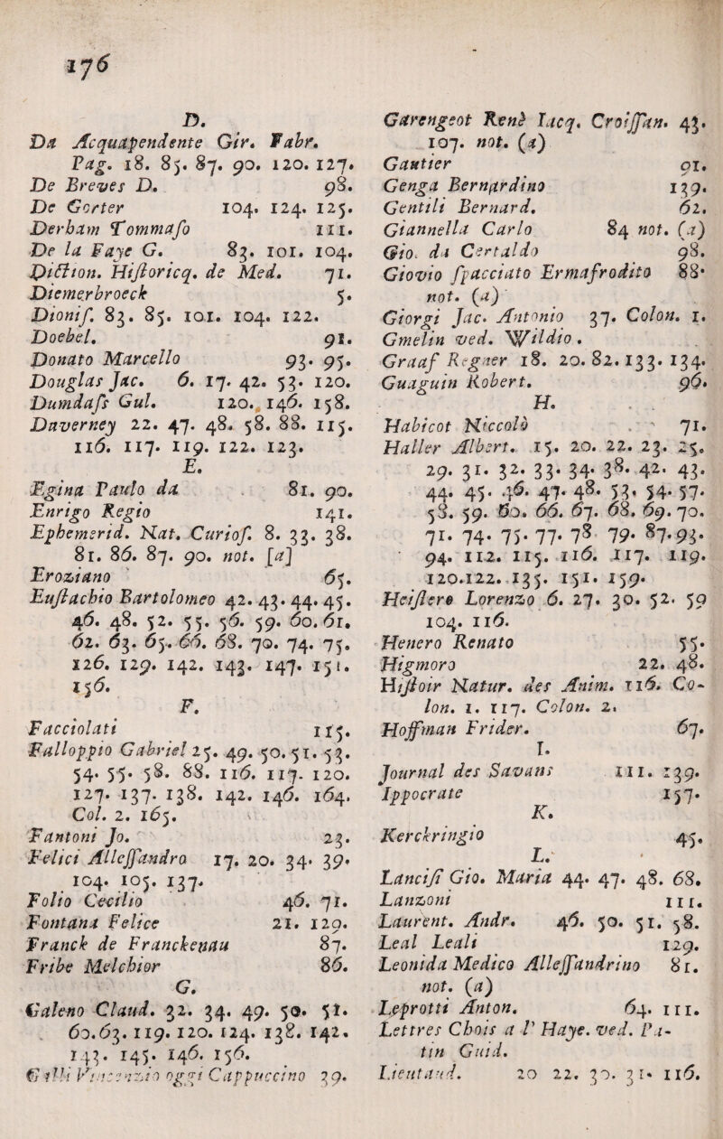 Da Acquapendente Gir. Vabr. Pag* 18. 8j. 87. 90. 120. 127. De Breve? D. 98. De* Getter 104, 124, 125. Derham Tommafo ili. De la Faye G. 83. 101. 104. jpióìton. Hiftoricq. de Med. 71. Diemerbroeck 5. Dionif; 83. 85. 101. 104. 122* Doebel. 91. Donato Marcello 93. 95. Douglas Jac. 6. 17. 42, 53. 120. Dumdaf? Gul. 120. 146. 158. Dnverney 22. 47- 48, 58. 88. 1x5. nò. 117. 119. 122. 123. E. Bigina Paulo da Si. 90. Enrigo Regio 141. Ephemsrid. Hat. Curiof. 8. 33. 38. 81. 86. 87. 90. «0/. [a] Eroziano 6j. Eufiachio Bartolomeo 42. 43. 44, 45. 46.48.52.55. 56. 59. óo. 6r. 62. <53. 65. 66. 68. 70. 74. 75» 126. 129. 142. 143. 147. 151. 1 s<5. F. Eacciolati 115. Falloppio Gabriel 25. 49. 50. 51. 53. 54. 55. 58. 88. iió. 117. 120. 127. 137. 138. 142. 146. 164. Col. 2. 1Ó5. s Cantoni Jo. 23. Felici AUcjfandro 17. 20. 34* 39* 104. 105. 137^ Fo//0 C etili 0 4<5. 71. Fontana Felice 21. 120. Francie de Francketsaa 87. Fribe Melchior S6. G. Galeno Claud. 32. 34. 49. 50. 5** 60.63. 119.120. 124. 138. 142. 143. 145. i'46. 156. pi. 107. not. (a) Gautier Genga Bernardino 1 Gentili Bernard. 61. Giannella Carlo 84 not. (a) Gio> da Certa!do 98. Giovio fptacciato Ermafrodito 88* «of. (^) Giorgi Jac* Antonio 37* Colon. 1. Gmelin a/ed. il dio . Graaf Rtgner 18. 20. 82.133. 134. Guagutn Robert. 96. H. Elabicot Niccolò ■ . ' 71. H*//*r Albert.. 15. 20. 22. 23. 25, 29- 3r* 32< 33* 34- 38* 42, 43* 44. 45. 46. 47. 48. 53, 54. 57. 58. 59. 60. 66. 67. 68. 69.70. 71.74.75.77.78 79.87.93. 94. Hi. II5. Iió. 117. 119. 120.122. I35. I 5 I • I59. Heijlere Lorenzo 6. 27. 30. 52, 59 104. 116. Henero Renato 55* Higmoro 22. 48. Hijloir Natur. de? Ani ni. 116, Co* /o». 1. 117. Colon. 2. Pioffman Frider. 67. Journal de? Savuti? ni. 139. Ippocrate 157. F. Kehkringio L. 45. Lancifì Gio. Maria 44. 47. 48. 68. Canzoni nr. Laurent. Andr. 46. 50. 51. ^8. Beai Leali 129. Leonida Medico Allejfandrino 8r. not. (a) Leprotti Anton. 64. in. Lettre? Cbois a V Haye. wi. Z\*- tin Guid.
