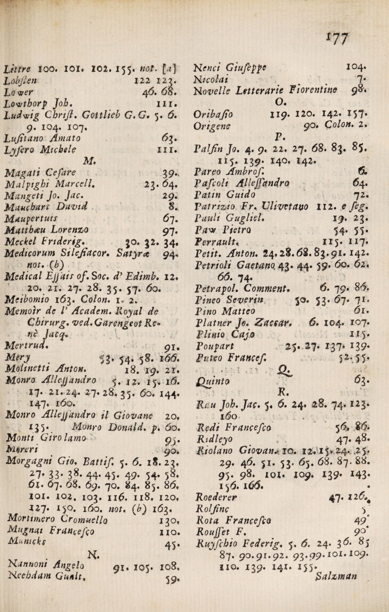 6i. ni# 39- 23* ó4* 29. 8. 6l. 97• 5°* 32* 34* Jjttr* ioo. ioi« lei. 155. «of. Lobjlen 122 125, Lo WéT 46. 68. Lowthorp Job. zìi. Ludwig Chrijl. Gottlieb <7. G. 5. 6. 9. 104. 107. Lufitano Amato Ljfero Michele M. Magati Cefare Malpighi Marceli« Mangeli Jo. Jac. Maucbart David Maufcrtuis Matthau Lorenzo Meckel F rider ig. Medicorum Silejiacor. Satiri 94 noti (£) Medicai Ejj'ais of. Soc. *P Edimb. 12. 20. 21. 27. 28. 35. 57. 60. Meibomio 163. Colon. 1* 2. Mernoìr de V Academ. ivojtf/ rfe Chirurg. ved.Garengeot Re* nè Jacq. Mertrud. * ; pi, Métj 54. 58. 166. Molinelli Anton. x8. 19. 21. Allejj andrò 5. 12, i5. 16. 17. 21. 24. 27.28,35, 60, 144. 147. 160. Monro Allejj andrò il Giovane 20. 135. ìdonyo Donald, p. 60. Monti Girolamo - 95, bUrert 90. Morgagni Gìo, Batti fi 5. 6, 18.23. 27* 33* 3?* 44* 45* 49* 54* 5^* 6x. 67. 68. 69. 70. 84. 85. 86. zoi. 102. 103. 116. 118. 120. 227. 150. 160. «01, (6) 163. Mortimero Crorniello 130, Mugnai Frane e fio zio. Maniche Kannoni Angelo Keebdam Ganlt, H. 45* 105. 108. Ne nei Giufeppe io 4. bit cola t % . 7* biovelle Letterarie Fiorentine 98'. O. Oribajio J19. 120. 142. 157. Origene $o* Colon. 2. P. P#//fo Jo. 4. 9. 22. 27, 68. 83. 85. 115, 139. 140. 142. Pareo Ambrof. fi. P afe oli Allejfandrò 64. Patìn Guido 72. Patrizio Fr. ZJliveta&o II2. £ P^W/ Guglieh 19. 23. P/iw Pietra 54. 55. Terraulti 115* 117» Petit. Anton. 24.28.68.83.91.142. Retri oli Gaetano, 43. 44. 59. 60. 62. 66. 74. Petrapol. Commenti 6. 79. 86. Pm?o Severin 50. 53. 67. 71. P/«o Matteo 61• Platner Jo. Zaccar. 6. 104. 107* Plinio Cajo 115* Poupart 25. 27. 137. 139* P/c/^o Francef. |2* 55. T • ! # a ? jD. Quinto 63. , K. !?/:« Job. Jac. 5. 6. 24* 28. 74.123. 160 . . .. Francefco 56* 86. Rtdleyo . c . 47.48. Rial a no Giovati* *0. 12.15.24., ,25. 29. 46. 51. 53. 65. 68. 87. 88. 95. 98. iox. 109, 139. X43* 156. x66« • Boederer 47* *2&# Rolfinc *> Francefco 49* Roujjet F. 9°* Rujfcbio Federig. 5, 6. 24. 3^* ^5 87. 90.91.92. 93.99.101. x09. no. X39. 141. 155» galzman