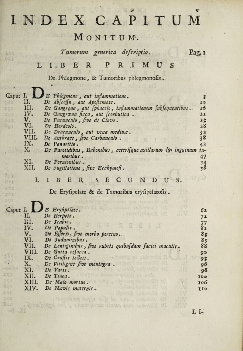 INDEX CAPITUM Monitum. Tumorum generica defcriptio. Pag, i LIBER PR.IMUS De Phlegmone,, & Tumoribus phlegmonofis, Gapirt I. D E Phlegmone 3 aut inflammatione • II. De Abfceffu , aut Apofiemate. III. De Gangrena 3 aut fpbacelo, inflammationem fubjequentibus • IV. De Gangroena ftcca 3 aut fcorbutica . V. De Furunculo 3 five de Clavo. VI. De Hordeolo. VII. De Dracunculo 3 aut vena medinee • VIII. De Anthrace s five Carbunculo . IX. De Panaritio • X. De Parotidibus, Bubonibus 3,ceteri[que axillarum {$o inguinum tu- 1 io 26 21 2* 2» 42 moribus . XI. D? Pernionibus .- XIL D? sugillatione 3 five Ecchymofi. LIBER SECUNDU De Eryfipelate & de Tumoribus eryfipelatofis • 47 54 58 S. iD E Eryfipelate. 62 II. De Herpete. 7* III. De Scabie. 77 IV. Papulis . 81 V. D<? EjJ'eri/s3 five morbo, porcino• - ** VI. De Sudaminibus. 85 VII. De Lentiginibus 3 five rubris quibufdam faciei maculis . 88 VIII. £)£ Gutta rofacea . 90 IX. Crujlis lacieis. 9? X. Lte Vitiligine five mentagra . 95 XI. De Varis. 98 XII. De Tinea. 100 XIII. D? Malo mortuo . 106 XIV. De Naevis maternis 0 Xio L I-