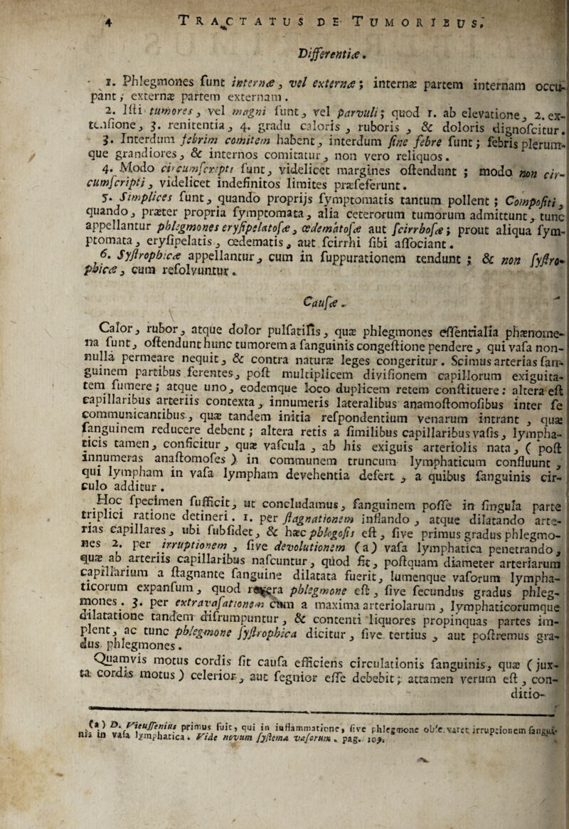 Differenti#. - i. Phlegmones funt interna , w/ externa; interna partem internam occu¬ pantexterna? partem externam. 2. Ilii tutiores y vel magni liint, vel parvuli; quod r. ah elevatione, 2. er- tc.ifione, 3» i enitentia , 4* gradu caloris , ruboris , & doloris dignorcitur • 3* Interdum febrim comitem habent, interdum fine febre funt; febris plerum¬ que grandiores, Sc internos comitatur, non vero reliquos. 4. Modo cvcumfcxiptt funt, videlicet margines oftendunt ; modo non cir- cumfcripti, videlicet indefinitos limites pra?feferunt. 5. Simplices funt, quando proprijs fymptomatis tantum pollent ; Compofiti 3 quando, praster propria fymptomata, alia ceterorum tumorum admittunt, tunc appellantur phlegmones eryfipslatofa , oedematofa aut fcirrhofe; prout aliqua fym- ptomata, eryfipelatis, oedematis, aut fcirrhi fibi afifociant. 6. Syftrophica appellantur, cum in fuppurationem tendunt ; Sc non fyfiro• pbica y cum refolyumur. Catifce ~- Caior, rubor, atque dolor pulfatifis, qutt phlegmones effentialia phamome* na funt, oltendunt hunc tumorem a fanguinis congeftione pendere , qui vafa non¬ nulla permeare nequit, Sc contra naturs leges congeritur. Scimus arterias fam- guinem partibus ferentes, poli multiplicem divifionem capillorum exiguita¬ tem fumere; atque uno, eodemque loco duplicem retem conftituere: altera eft capillaribus arteriis contexta, innumeris lateralibus anamoftomofibus inter fe communicantibus, qua? tandem initia refpondentium venarum intrant , quse I angui nem reducere debent; altera retis a fimilibus capillaribus vafis, lympha¬ ticis tamen, conficitur , qua? vafcula , ab his exiguis arteriolis nata, ( poft innumeras anaftomofes ) in communem truncum lymphaticum confluunt , qui lympham in vafa lympham devehentia defert , a quibus fanguinis cir¬ culo additur . Hoc fpecimen fufficit, tit concludamus, fanguinem pofte in fingula parte triplici ratione detineri. 1. per ftagnationem inflando , atque dilatando arte¬ rias capillares , ubi fubfidet, Sc hxc pbUgofis eft , five primus gradus phlegmo¬ nes 2. per irruptionem , five devolutionem (a) vafa lymphatica penetrando, qu^ ab arteriis capillaribus nafcuntur, quod fit, poflquam diameter arteriarum capri larium a ftagnante fanguine dilatata fuerit, lumenque vaforum lympha- ticoium expanfum, quod r«^ra phlegmone eft, five fecundus gradus phleg¬ mones. per extravafation&m Cttm a maxima arteriolarum , lymphaticorumque dilatatione tandem difrumpuntur, Sc contenti liquores propinquas partes im¬ plent, ac tunc phlegmone fyfirophica dicitur , five tertius , aut poliremus gra¬ dus, phlegmones. Quamvis motus cordis fit caufa efficiens circulationis fanguinis, qua? (jux¬ ta corcus motus) celerior, aut fegnior efife debebit; attamen verum eft, con- ditio- ni^in pn^-s!•*““* qui }n'inflammatione» five phlegmone ol/e.vargt. irruptionem fangwi- ***•* tn vasa lymphatica. novum fyltema vaforum* pag. ig^;