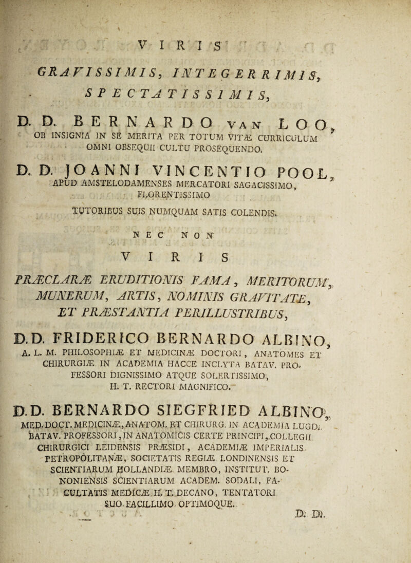 VIRIS GRAVISSIMIS, INTEGERRIMIS, SPECTATISSIMIS, > • * v J D. D. B E R N A R D O va n L O O, OB INSIGNIA IN SE MERITA PER TOTUM VITAS CURRICULUM OMNI OBSEQUII CULTU PROSEQUENDO. D. D. J O A N N I V I N € E N T I O P O O L APUD AMSTELODAMENSES MERCATORI SAGACISSIMO, ” FLORENTISSIMO TUTORIBUS SUIS NUMQUAM SATIS COLENDIS. NEC NON i» f * t' t ' * > * • . f . 4 ; *♦ VIRIS PRJECLARM ERUDITIONIS FAMA, MERITORUM, MUNERUM, ARTIS, NOMINIS GRAVITATE, PRAESTANTIA PERILLUSTRIBUS, / ' D.D. FRIDERICO BERNARDO ALBINO, A. L. M. PHILOSOPHIAE ET MEDICINAS DOCTORI , ANATOMES ET CHIRURGIAS IN ACADEMIA IIACCE INCLYTA BATAV. PRO¬ FESSORI DIGNISSIMO ATQUE SOLER TISSIMO, H. T. RECTORI MAGNIFICO. D. D. BERNARDO SIEGFRIED ALBI NO, MED-DOCT. MEDICINAS, ANATOM. ET CHIRURG. IN ACADEMIA LUGD,. ? bATAV.'PROFESSORI,IN ANATOMICIS CERTE PRINCIPI,COLLEGII. ' CHIRURGICI LEIDENSIS PR.ESIDI, ACADEMIAE IMPERIALIS. -PETROPOLITANiE, SOCIETATIS REGIAS LONDINENSIS ET SCIENTIARUM HOLLANDIiE. MEMBRO, INSTITUT. BO¬ NONIENSIS SCIENTIARUM ACADEM. SODALI, FA¬ CULTATIS MEDICASTI, t. decano, TENTATORI SUO. FACILLIMO 0PTIM0QUE. • - . J' w . 04 DI