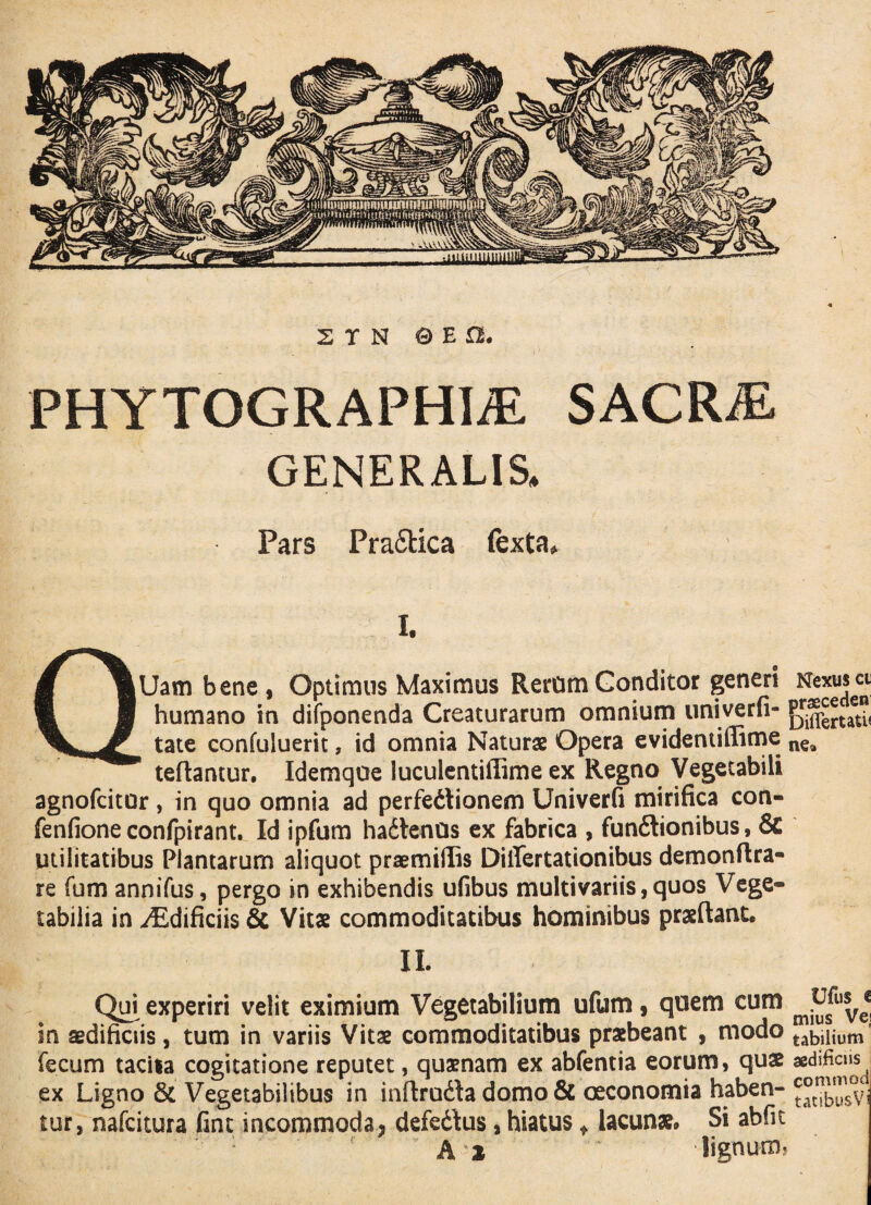 s r n © e n. PHYTOGRAPHIiE SACRiE GENERALIS. Pars Pra6tica fexta* I. QUambene, Optimus Maximus Rerum Conditor generi Nexus ct humano in difponenda Creaturarum omnium univerfi- Pj;^taet“ tate confuluerit, id omnia Naturae Opera evidentiflime ne9 teflantur, Idemque luculentiffime ex Regno Vegetabili agnofcitur, in quo omnia ad perfedtionem Univerfi mirifica con- fenfione confpirant. Id ipfum hadtenUs ex fabrica , fundlionibus, & utilitatibus Plantarum aliquot praemillis Differtationibus demonftra- re fum annifus, pergo in exhibendis ufibus multivariis,quos Vege¬ tabilia in ^Edificiis & Vitae commoditatibus hominibus praeftant. II. Qm experiri velit eximium Vegetabilium ufum, quem cum in aedificiis, tum in variis Vitae commoditatibus praebeant , modo tabiiium fecum tacita cogitatione reputet, quaenam ex abfentia eorum, quae aedificiis = ex Ligno & Vegetabilibus in inflrudla domo & oeconomia haben- ^^usVi tur, nafcitura fint incommoda, defedus a hiatus t lacunae» Si abfit A » lignum,
