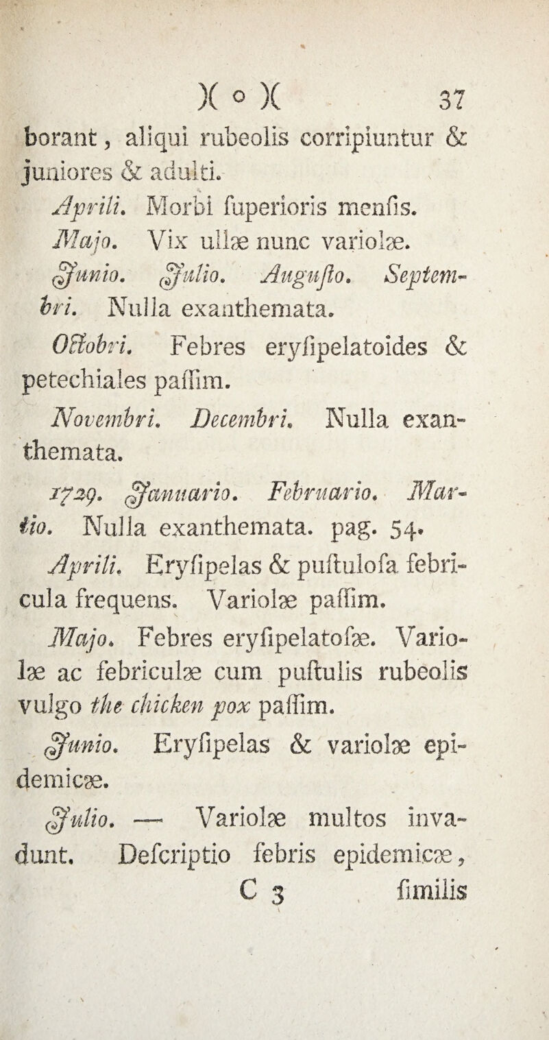 borant, ali qui rubeolis eorripiuntur & juniores & adulti. Aprili. Morbi fuperioris menfis. Maja. Vix ullæ nunc variolæ. dfunio. £Julio. Augujîo. Septem- hri. Nulla exanthemata. Oitobri. Febres eryiipelatoides & petechiales paffim. Novembri. Decembru Nulla exan- themata. ipsç. ofanuario. Fcbruario. Mar- Ho. Nulla exanthemata. pag. 54. Aprili. Etylipeîas & puftulofa febri- cula frequens. Variolæ paffim. Mcijo. Febres eryfipelatofæ. Vario¬ læ ac febriculæ cum puftulis rubeolis vulgo the chicken pox paffim. Afunio. Eryfipelas & variolæ epi- demicæ. gfulio. — Variolæ multos inva- dunt. Defcriptio febris epidemicæ, C 3 fimilis