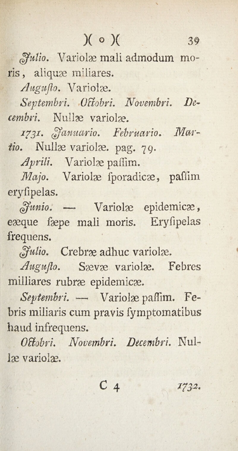 çf’Æo. Variolæ mali admodum mo- ris, aliquæ miliares. Auguflo. Variolæ. Septembri. Ocîobri. Novembri. De- cembri. Nullæ variolæ. 1731. (Sfanuario. Februetrio. Mar- tio. Nullæ variolæ. pag. 79. Aprili. Variolæ paffim. Majo. Variolæ fporadicæ, paffim eryfipelas. ffiinio. — Variolæ epidemicæ, eæque fæpe mali moris. Eryfipelas frequens. $uîio. Crebræ adhuc variolæ. Augujlo. Sævæ variolæ. Febres milliares rubræ epidemicæ. Septembri. — Variolæ paffim. Fe- bris miliaris cum pravis fymptomatibus h and infrequens. Ocîobri. Novembri. Decembri. Nul¬ læ variolæ.