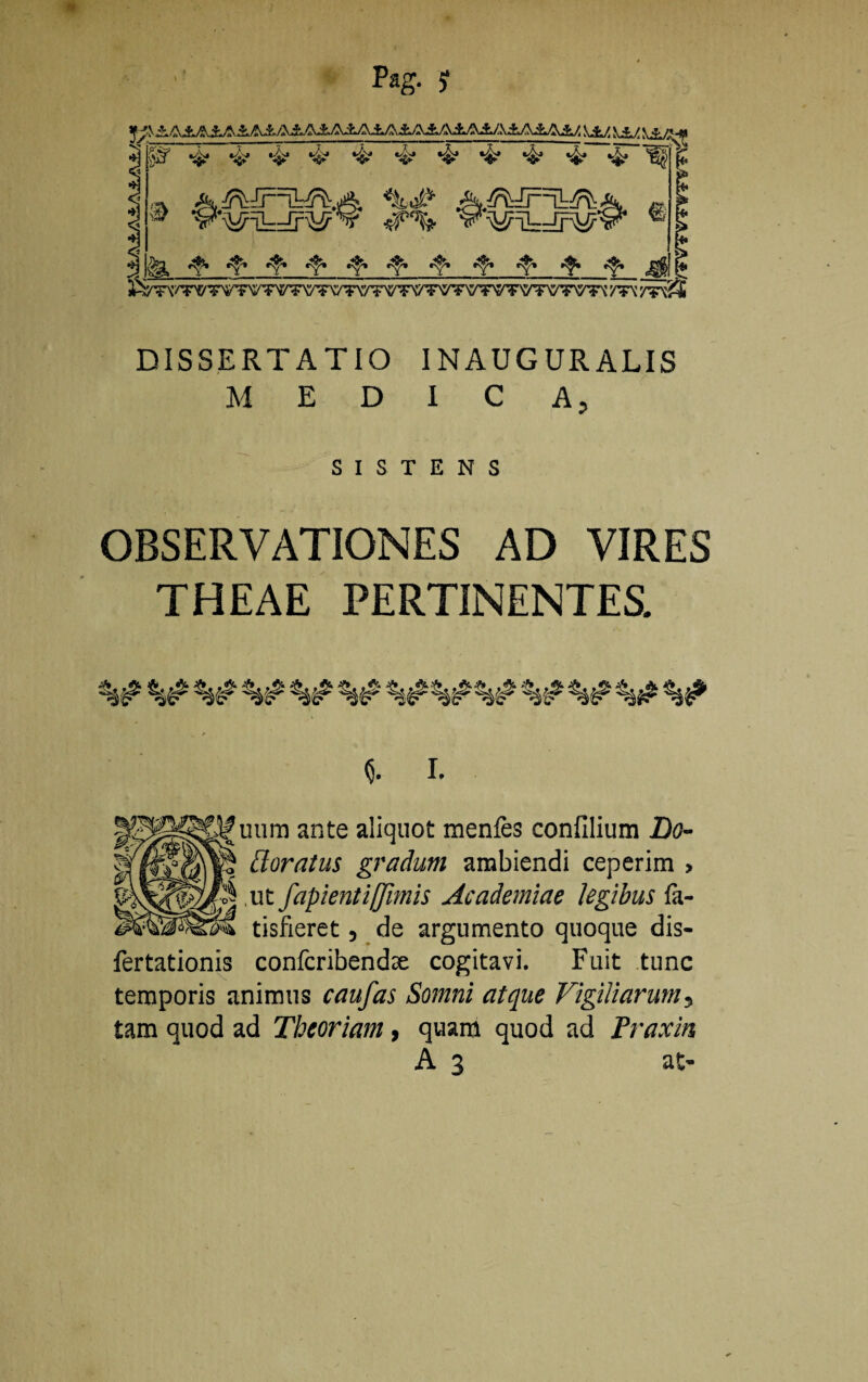 Pag. y \±£ \±yt \£/fcf '<i§§r~-£~‘fr-k-i? •&'&?•&•&•& ^T~ •$• '8$%' ,jv &, ^Jrnlr^.)|§. %#■ <s ^ #%■ V^riT—rnUfP » IlSrT\?T^'T\j'TVT«^F\7T\/T\7T\7TN/WT\/T1{'TVTVT'5,T\ m T+Ak DISSERTATIO INAUGURALIS MEDICA, SISTENS OBSERVATIONES AD VIRES THEAE PERTINENTES. $. I. uurn ante aliquot menfes confilium Do- lloratus gradum ambiendi ceperim > ,ut fapientiffimis Academiae legibus fa- tisfieret, de argumento quoque dis- fertationis confcribendse cogitavi. Fuit tunc temporis animus caufas Somni atque Vigiliarum, tam quod ad Theoriam, quam quod ad Fraxin A 3 at*