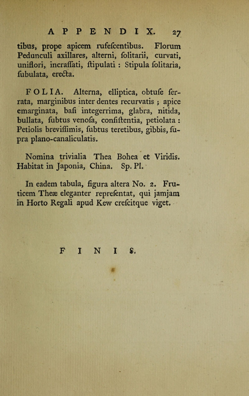 tibus, prope apicem rufefcentibus. Florum Pedunculi axillares, alterni, folitarii, curvati, uniflori, incrafiati, ftipulati: Stipula folitaria, fubulata, eredta. FOLIA. Alterna, elliptica, obtufe fer¬ rata, marginibus inter dentes recurvatis ; apice emarginata, bali integerrima, glabra, nitida, bullata, fubtus venofa, confiftentia, petiolata : Petiolis breviffimis, fubtus teretibus, gibbis, fu- pra plano-canaliculatis. Nomina trivialia Thea Bohea et Viridis. Habitat in Japonia, China. Sp. Pl. In eadem tabula, figura altera No. 2. Fru¬ ticem Theae eleganter reprefentat, qui jamjam in Horto Regali apud Kew crefcitque viget.