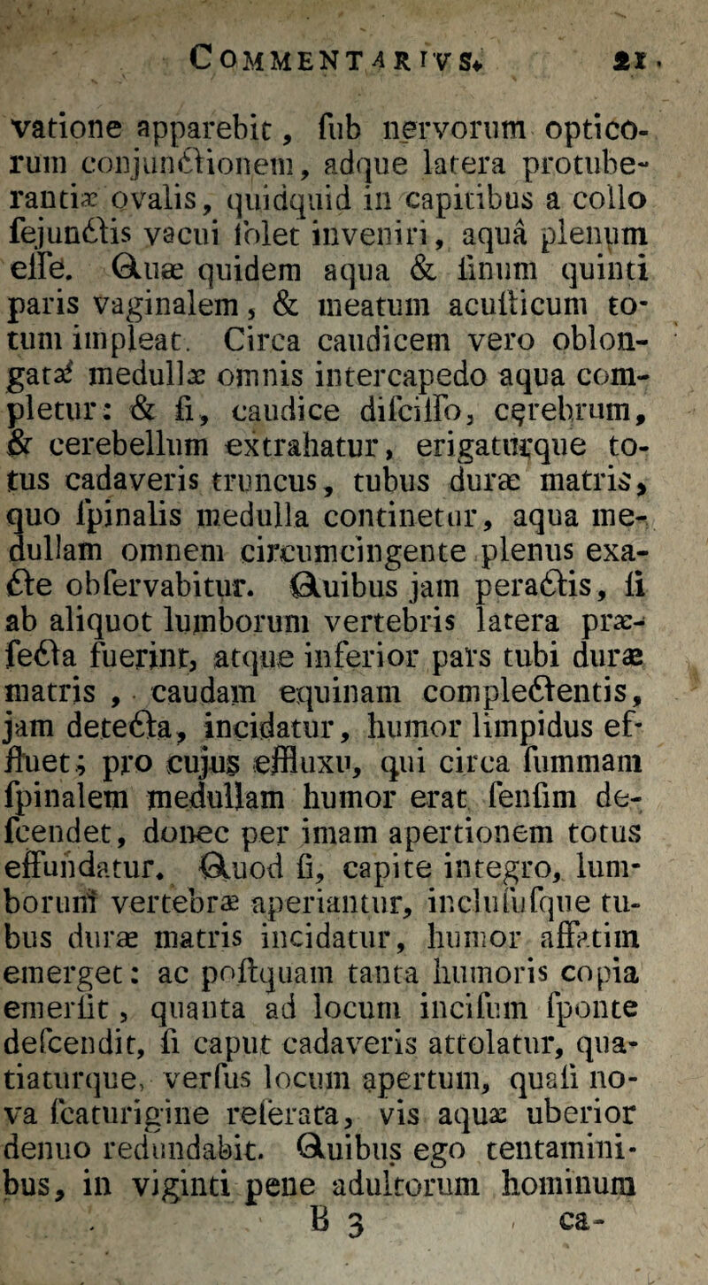 vadone apparebit, fiib nervorum optico¬ rum conjunftionem, adque latera protube¬ rantia: ovalis, quidquid in capitibus a collo fejundbis vacui lolet inveniri, aqua plenum effe. Qluse quidem aqua & linum quinti paris vaginalem, & meatum aculticum to¬ tum impleat. Circa caudicem vero oblon- garaf medulla: omnis intercapedo aqua com¬ pletur: & fi, caudice difcilFo, cerebrum, & cerebellum extrahatur, erigatin;que to¬ tus cadaveris truncus, tubus durae matris, quo Ipinalis medulla continetur, aqua me¬ dullam omnem circumcingente plenus exa- fte obfervabitiir. Gluibus jam peraftis, li ab aliquot lumborum vertebris latera prx- fe61a fuerint, atque inferior pars tubi dur$ matris , caudam equinam complementis, jam detema, incidatur, humor limpidus ef¬ fluet; pro cuju3 effluxu, qui circa fummam fpinalem medullam humor erat fenfim de- fcendet, doi>ec per imam apertionem totus effundatur^ Qluod fi, capite integro, liim- borunt vertebra aperiantur, incliulifqne tu¬ bus durae matris incidatur, humor affatim emerget: ac pofiquam tanta humoris copia enierfit, qiiauta ad locum incifum fponte defcendit, fi caput cadaveris atfolatiir, qiia- tiatiirque, verfus locum apertum, quali no¬ va fcatnrigine relerara, vis aqua: uberior deniio reciundabit. Qluibiis ego tentamiui- bus, in vigind pene adultorum hominum B 3 - ca-