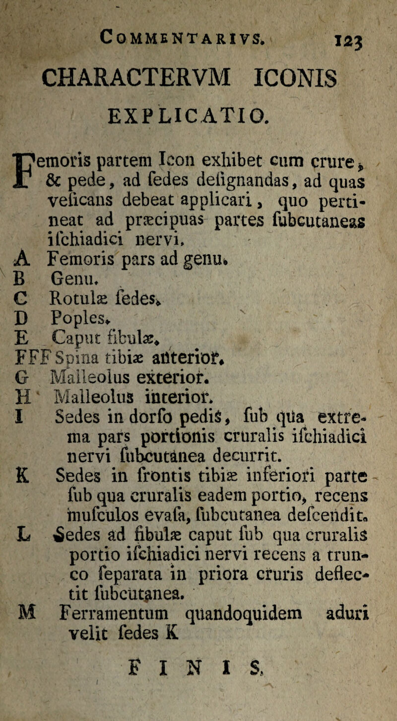 CHARACTERVM ICONIS EXPLICATIO. Femoris partem Icon exhibet eum crure > & pede, ad fedes defignandas, ad quas velicans debeat applicari, quo perti¬ neat ad prjecipuas partes fubcutaneas ilchiadici nervi. A Femoris pars ad genu* B Genu. G Rotula fedes^ D Poples^ E Caput fibulas* FFFSpiiia tibiae anterior* G Maileolus exterior. H Malleolus interior* I Sedes in dorfo pediS * fub qiia extre¬ ma pars portionis cruralis ifchiadtci nervi fubcutaiiea decurrit. K Sedes in frontis tibise inferiori parte - fub qua cruralis eadem portio^ recens hiufculos evafa, fubcutanea defcendit. L 6edes ad fibulae caput fub qua cruralis portio ifchiadici nervi recens a trun¬ co feparata in priora cruris deflec¬ tit fubcutanea. M Ferramentum quandoquidem aduri velit fedes K FINIS. (