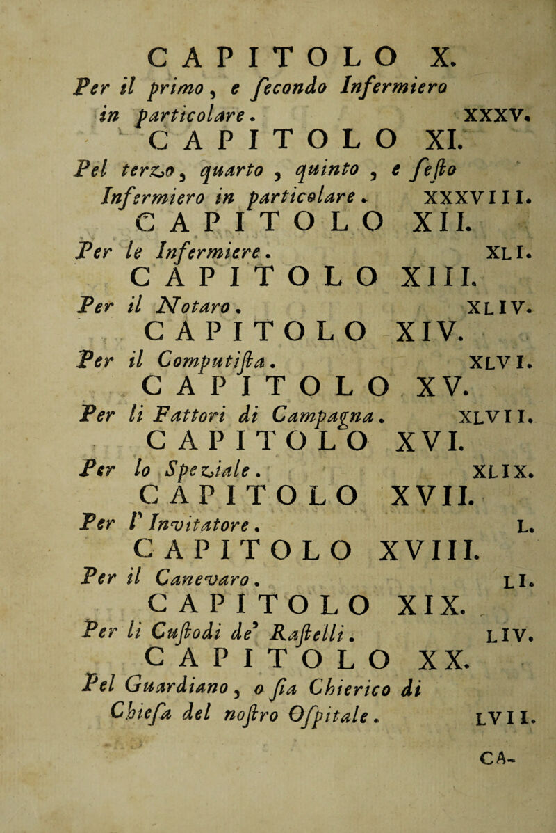 CAPITOLO X. Per il primo, e fecondo Infermiera in particolare. XXXV. CAPITOLO XI. Pel terz>o, quarto , quinto , # fe(lo Infermiero in particolare. XXXVIII. CAPITOLO XII. jPfr le Infermiere. XLI. CAPITOLO XIII. Per il No taro . XLIV. CAPITOLO XIV. Per il Computila. XLV I. CAPITOLO XV. Per li Fattori di Campagna » XLV II. CAPITOLO XVI. Per lo Speciale. XLIX. CAPITOLO XVII. Per r Invitatore. L. CAPITOLO XVIII. Per il Canevaro. LI. CAPITOLO XIX. Per li Cuflodi de* Rafielli. LIV. CAPITOLO XX. Pel Guardiano , & fa Chierico di Chiefa del nofiro Qfpitale. LV11. CA-