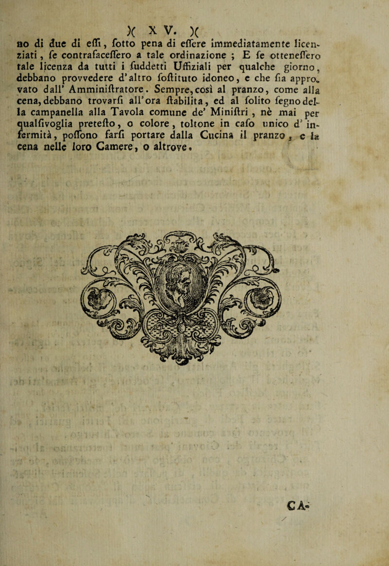 no di due di efli, dotto pena di edere immediatamente licen¬ ziati , fe contrafacedero a tale ordinazione ; E fe ottenedero tale licenza da tutti i fuddetti Uffiziali per qualche giorno, debbano provvedere d’altro foflituto idoneo, e che fi a appro* vato dall* Amminiflratore. Sempre,così al pranzo, come alla cena,debbano trovarli all’ora (labilità, ed al folito (egnodel- la campanella alla Tavola comune de’ Miniftri , nè mai per qualfivoglia pretefto, o colore, toltone in cafo unico d’ in¬ fermità , pedono fard portare dalla Cucina il pranzo, c la cena nelle loro Camere, o altrove «