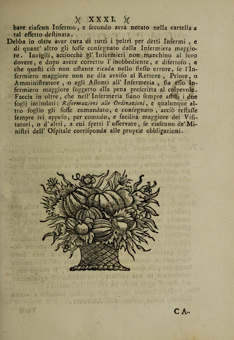 bare ciafcun Infermo, e fecondo avrà notato nella cartella a tal effetto dellinata. Debba in oltre aver cura di tutti i peltri per detti Infermi , e di quant’ altro gli loffe confegnato dalla Infermiera maggio¬ re. Invigili, acciocché gl’ Infermieri non manchino al loro dovere, e dopo avere corretto l’inobbediente, e difettofo , e che quelli ciò non ofiante ricada nello Hello errore, le l’In- fermiero maggiore non ne dia avvifo al Rettore , Priore, o AmminiHratore , o agli Affonti all’ Infermeria , fia elfo In¬ fermiere maggiore foggetto alla pena preferita al colpevole. Faccia in oltre, che nell’ Infermeria fiano fempre affili i due foglj intitolati: Riformazioni alle Ordinazioni, e qualunque al¬ tro foglio gli folte comandato, e confegnato , acciò reliaffe Tempre ivi appefo, per comedo, e facilità maggiore dei Vo¬ tatori, o d’altri, a cui fpetti l’oflervare, le ciafcuno de’Mi- niftri dell’ Ofpitale corrifponda alle proprie obbligazioni.