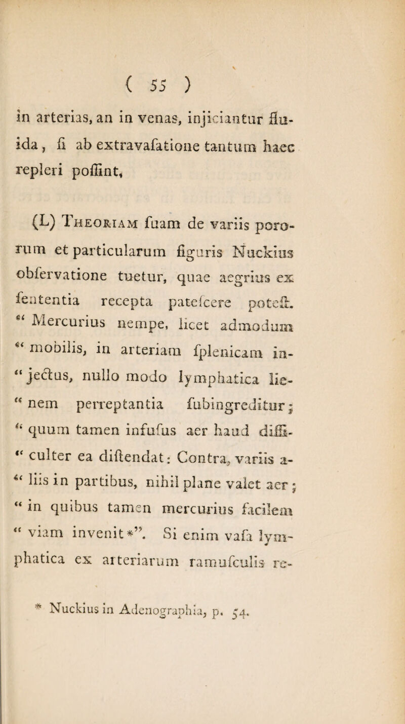 ( 55 ) in arterias, aa in venas, injiciantur flu¬ ida , fi ab extravafatione tantum haec repleri pofiint* (L) Iheoriam fuam de variis poro- rum et particularum figuris Nuckius obiervatione tuetur, quae aegrius ex fententia recepta patefcere pote fi. Mercurius nempe, licet admodum mobilis, in arteriam fplenicam ia- “jeclus, nullo modo lymphatica lie- “ nem perreptantia fubingreditur; is quum tamen infufus aer haud difS- “ culter ea diftendat: Contra, variis a- 4‘ liis in partibus, nihil plane valet aer * “ in quibus tamen mercurius facilem “ viam invenit*” Si enim vafa lym¬ phatica ex arteriarum ramufculis re- Nuckius in Adenographia, p. 54,