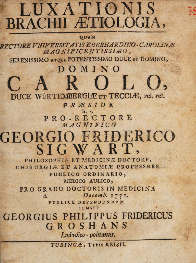 LUXATIONIS BRACHII AETIOLOGIA, QUAM RECTORE UNIVERSITATIS EB ERUAR DINO ■ CAROLINJE MAGNIFICENTISSIMO . SERENISSIMO atque FQTENTISSIMO DUCE et DOMINO, D OMINO C A R O L O, DUCE WuRTEMlERGLE et TECCLE, rei. re!, P R AI S I D E t*. T. p R O - R E C T O R E MAGNIFICO GEORGIO FRIDERICO . SIGWART, PHILOSOPHIA ET MEDICINA DOCTOR.E, CHIRURGIA ET ANATOMIJE PROFESSORE PUBLICO ORDINARIO, MEDICO AULICO, PRO GRADU DQCTORIS IN MEDICINA d. Decemb. 1771. PUBLICE defendendam SUMS1T GEORGIUS PHILIPPUS FRIDERICUS GKOSHANS Ludovko - polit anus. TUBING/E9 Txtis REISIL