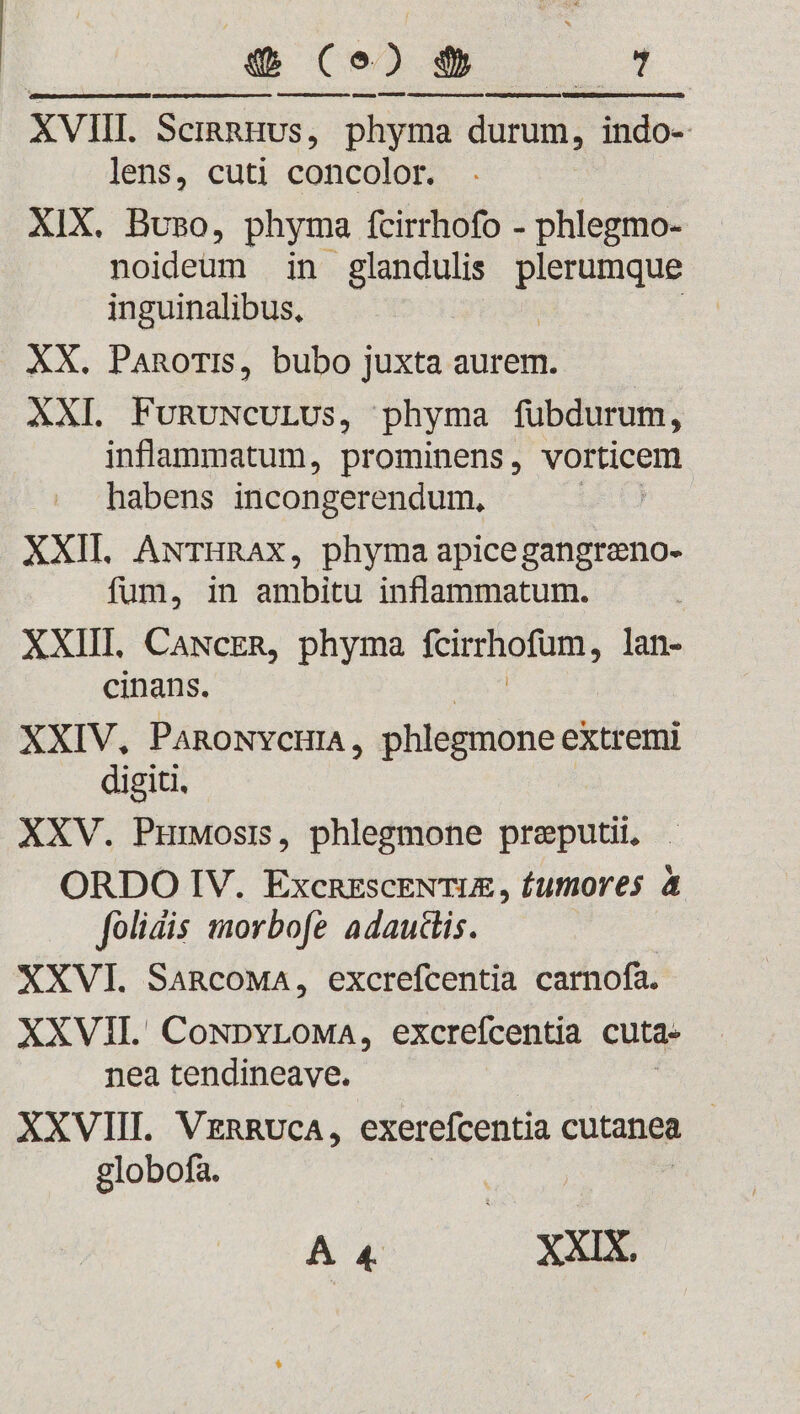 XVIII. SCIRRHUS, phyma duds lido lens, cuti concolor. XIX. Buso, phyma fcirrhofo - phlegmo- noideum in glandulis adn: inguinalibus, XX. Panoris, bubo juxta aurem. XXI. FunuNcULUs, phyma fubdurum, inflammatum, prominens, vorticem habens incongerendum, XXII. AwTHRAXx, phyma apicegangraeno- fum, in ambitu inflammatum. XXIII. CaNcER, phyma fcirrhofum, lan- cinans. XXIV, PARONYCHIA, phlegmone extremi digiti, XXV. Purwosis, phlegmone preputii, . ORDO IV. ExcRESCENTIE, fumores à folidis morbofe adaudis. XXVI. SaRcoMA, excrefcentia carnofa. XXVII. CoNpvrLoMa, excrefcentia cuta. nea tendineave. XXVIIL VERRUCA, exerefcentia cutanea - globofa. | À 4 XXIX.