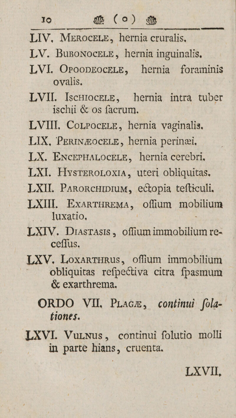 — — —Á—rn—— LIV. nr ELE, hernia cruralis. LV. BusoNocELE, hernia inguinalis, LVI. OroopEocELE, hernia foraminis ovalis. LVII. IscHrocELE, hernia intra tuber ischii &amp; os facrum. LVIII. CorPocELE, hernia vaginalis. LIX, PERINJEOCELE, hernia perinzi, LX. ENcEPHALOCELE, hernia cerebri. LXI. HvsrERoLOoxiA, uteri obliquitas. LXIL PaRoRceHiDIUM, ectopia tefticuli. LXIII. EXARTHREMA ,. offium mobilium ]uxatio, LXIV. Diasrasis, offium immobilium re- ceffus. LXV. LoxanrHRus, offium immobilium | obliquitas refpectiva citra fpasmum &amp; exarthrema. ORDO VII. PrLacm, continui fola- (iones. LXVI. VurNus, continui folutio molli in parte hians, cruenta. LXVII,