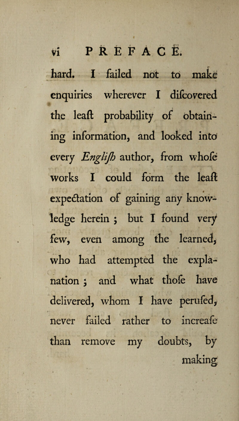 hard. I failed not to make enquiries wherever I difcovered i « the leaft probability of obtain¬ ing information, and looked into every Englijh author, from whole works I could form the leaft expectation of gaining any know¬ ledge herein ; but I found very few, even among the learned, who had attempted the expla¬ nation ; and what thofe have delivered, whom I have peruled, « never failed rather to increafe than remove my doubts, by making