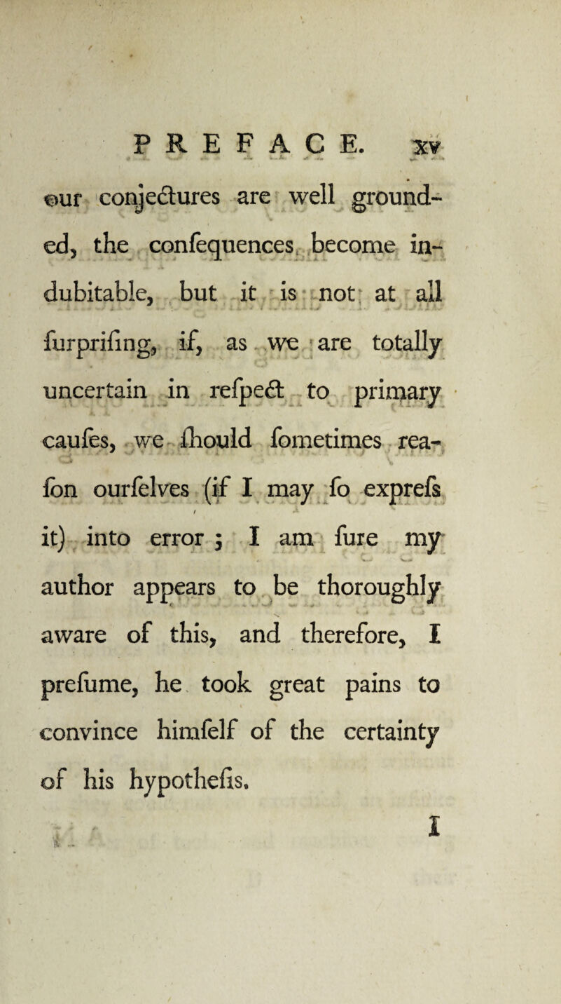 I PREFACE. xv 4# .H < ^ ■ ** ^ • «*'6* our conjectures are well ground¬ ed, the confequences become in¬ dubitable, but it is not at all . furprifing, if, as we are totally uncertain in refpe£t to primary caufes, we fhould fometimes rea- v 1 . v V fbn ourfelves (if I may fo exprefs \ i J * JL f •* it) into error j I am fure my author appears to be thoroughly i ^ aware of this, and therefore, I prefume, he took great pains to convince himfelf of the certainty of his hypothecs. - I