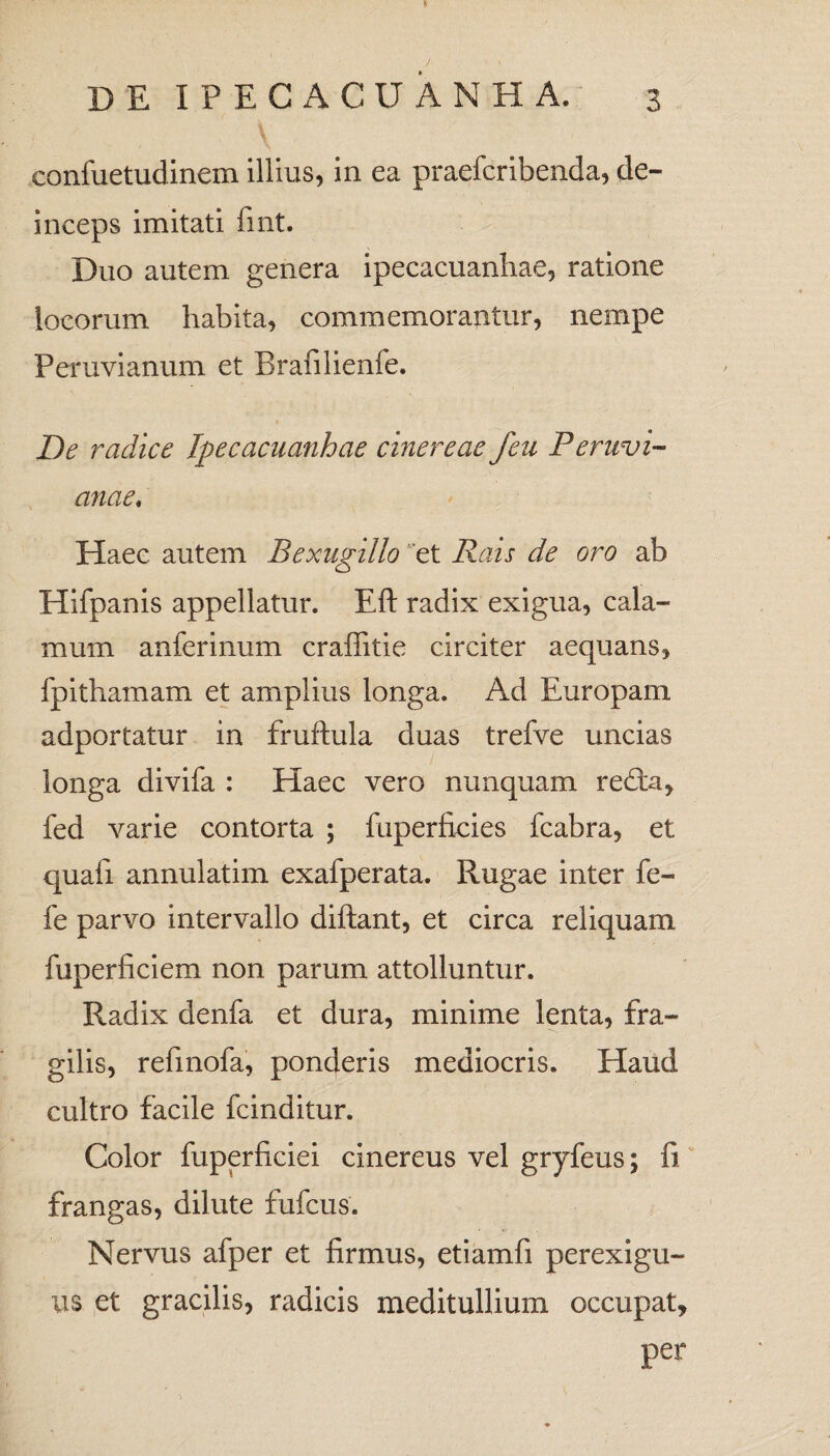 confuetudinem illius, In ea praefcribenda, de¬ inceps imitati fint. Duo autem genera ipecacuanhae, ratione locorum habita, commemorantur, nempe Peruvianum et Brafilienfe. De radice Ipecacuanhae cinereae feu Peruvi- anae. Haec autem Bexugillo et Rais de oro ab Hifpanis appellatur. Eft radix exigua, cala¬ mum anferlnum craffitie circiter aequans, fpithamam et amplius longa. Ad Europam adportatur in fruftula duas trefve uncias longa dlvifa : Haec vero nunquam redta, fed varie contorta ; fuperficies fcabra, et quafi annulatim exafperata. Rugae inter fe- fe parvo intervallo diftant, et circa reliquam fuperficiem non parum attolluntur. Radix denfa et dura, minime lenta, fra¬ gilis, refmofa, ponderis mediocris. Haud cultro facile fcinditur. Color fuperficiei cinereus vel gryfeus; fi frangas, dilute fufcus. Nervus afper et firmus, etiamfi perexigu¬ us et gracilis, radicis meditullium occupat, per